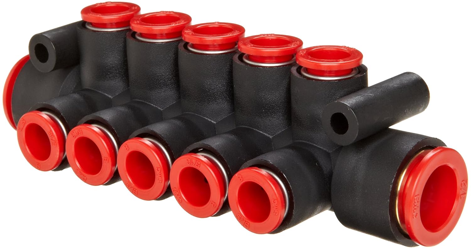 SMC KM11-07-11-6 PBT Push-To-Connect Tubing Manifold, 2 Inlets-3/8", 6 Outlets-1/4" Tube OD