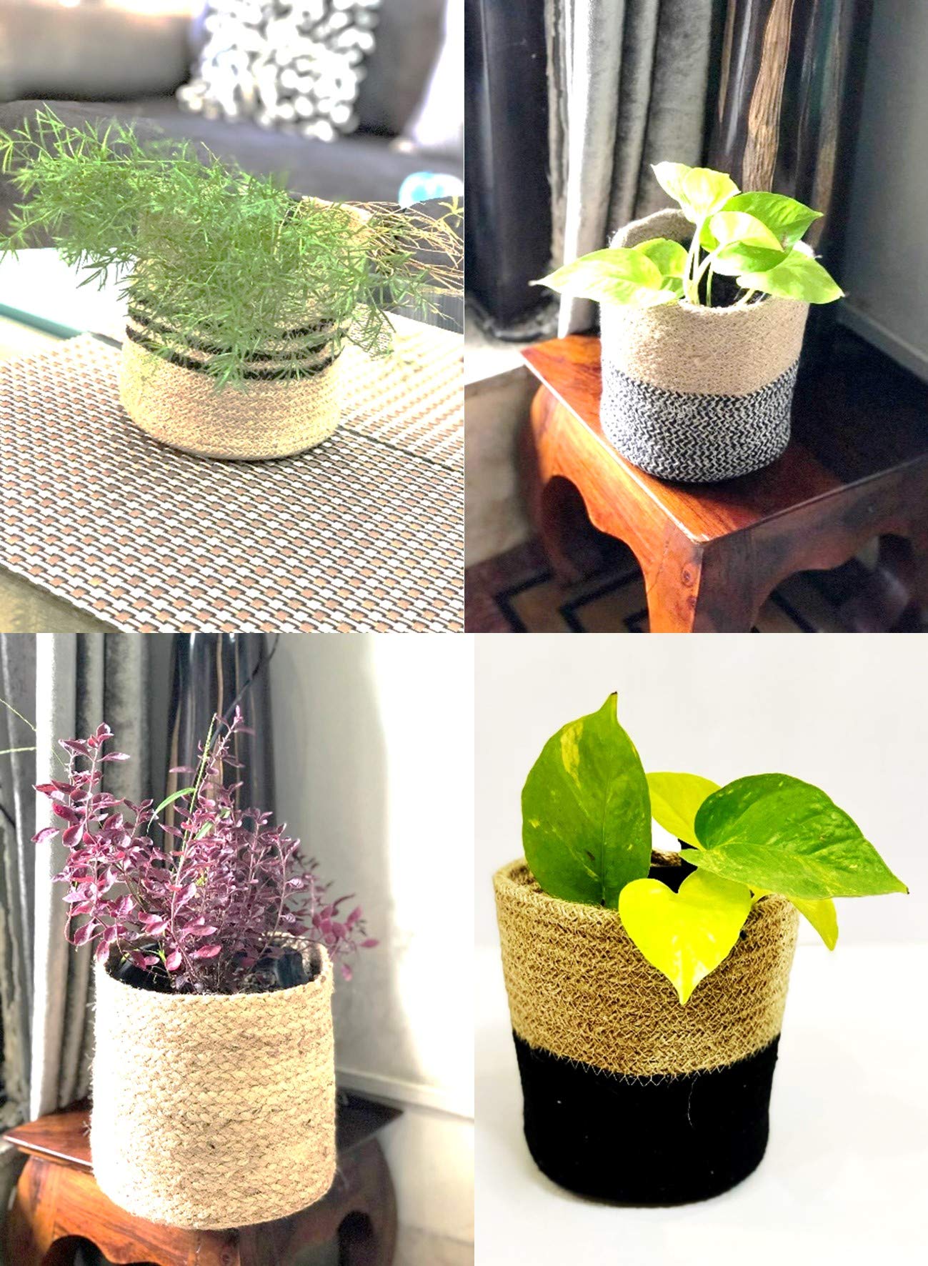 PartyStuff Handcrafted Jute Cotton Basket, Plant Bag for Garden Home Room Hall Decor Indoor Outdoor Office Plant Sack in Storage Basket (6x6 inch, 4 Designs)