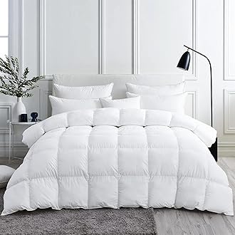Luxurious White Solid Medium Weight, Twin Size Goose Feathers Down Comforter for All-Season Weather Duvet Insert, Premium Baffle Box, 100% Egyptian Cotton Cover, 55 oz. Fill Weight