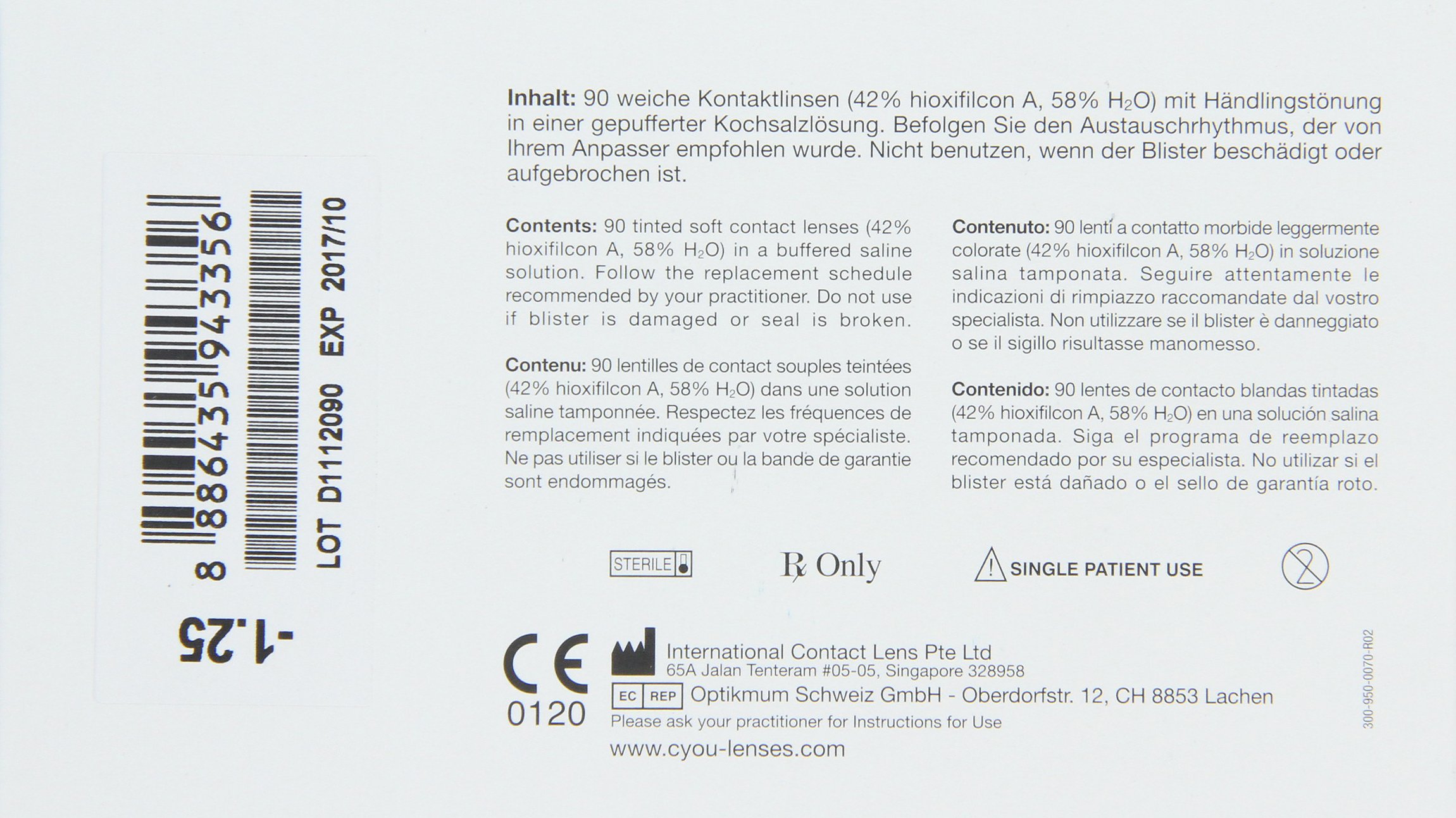 Cyou Daily Lenses Tageslinsen weich, 90 Stück / BC 8.7 mm / DIA 14.2 / -5,75 Dioptrien