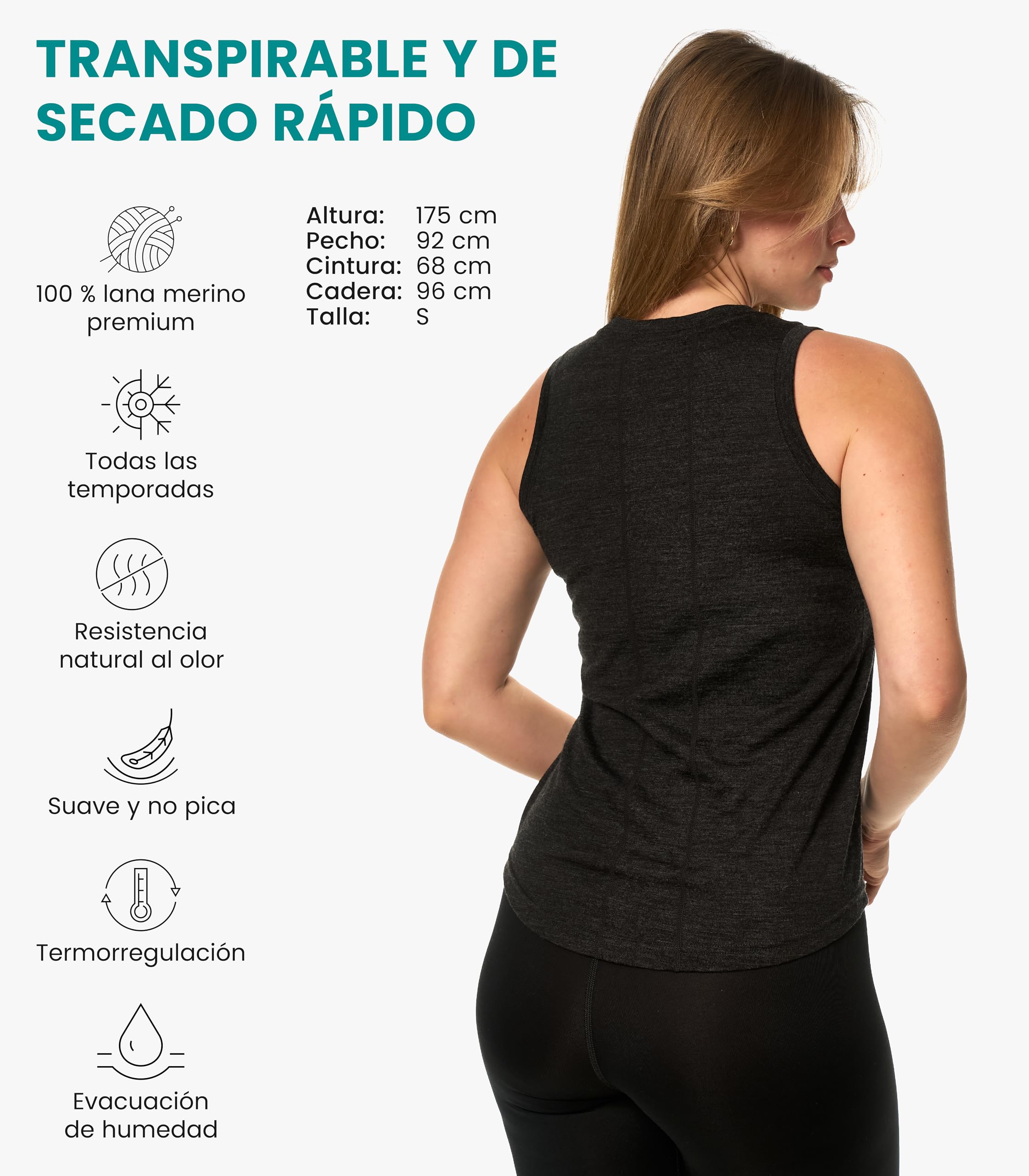 Merino.tech Camiseta tirantis Mujer - 100% Lana Merino Activa Capa Base | Espalda nadadora, cuello alto, antiolores, termorregulador, secado rápido