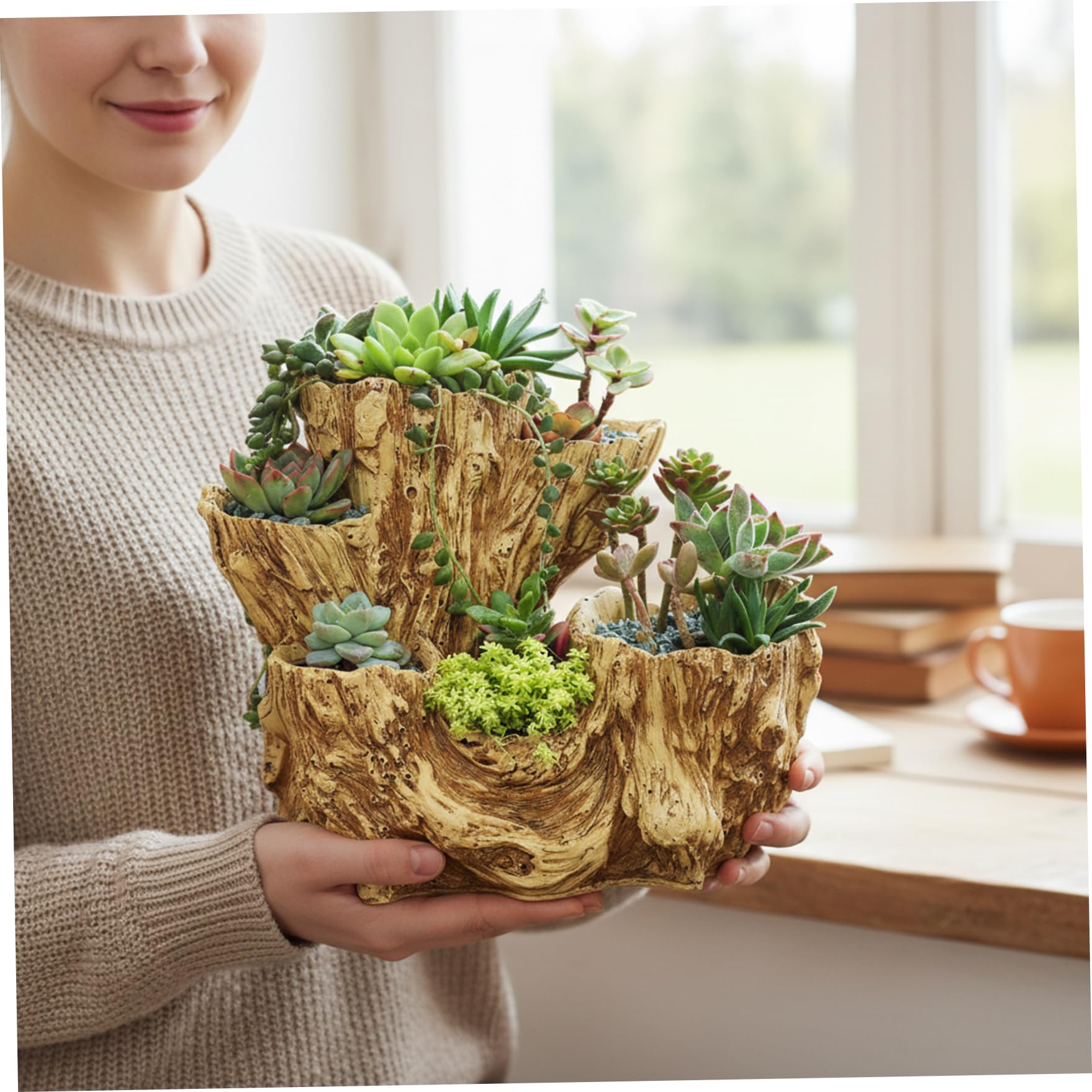 Fioriera in legni, vaso per tronchi d'albero in resina con fori di drenaggio, fioriera rustica per interni ed esterni per piante grasse, cactus, piccole piante, decorazioni per la casa, uso domestico