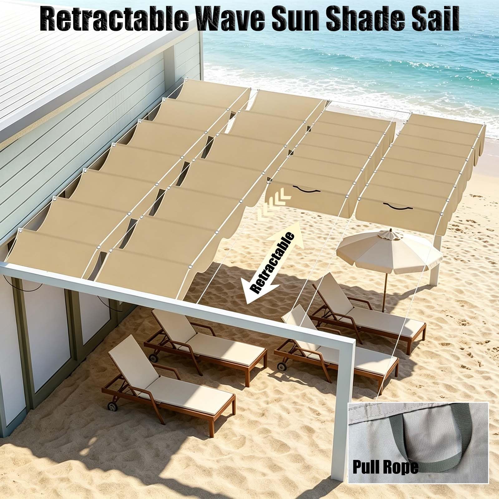 Einziehbar Welle Sonnensegel 205 x 300 cm Wasserdicht UV Schutz Inkl. Ösen & Befestigungsseilen Outdoor Pergola Markise Verstellbar Sonnen Segel für Veranden, Terrassen, Beige