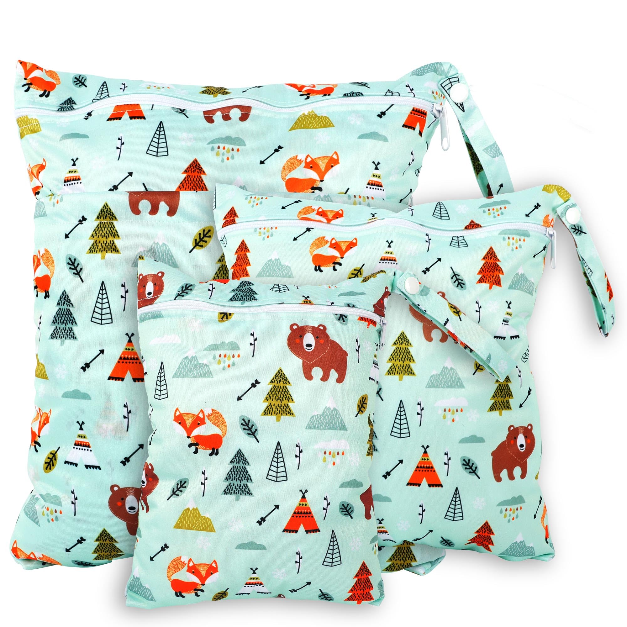 Rinfency 3 Stück Wetbag Groß Kindergarten für Baby Personalisiert Nappy Bag, Lässig Nasstasche Wechselwäsche Schwimmsachen wasserdichte Windeltasche, Klein Bikini Wet Bag Schwimmen Set (Zoo)
