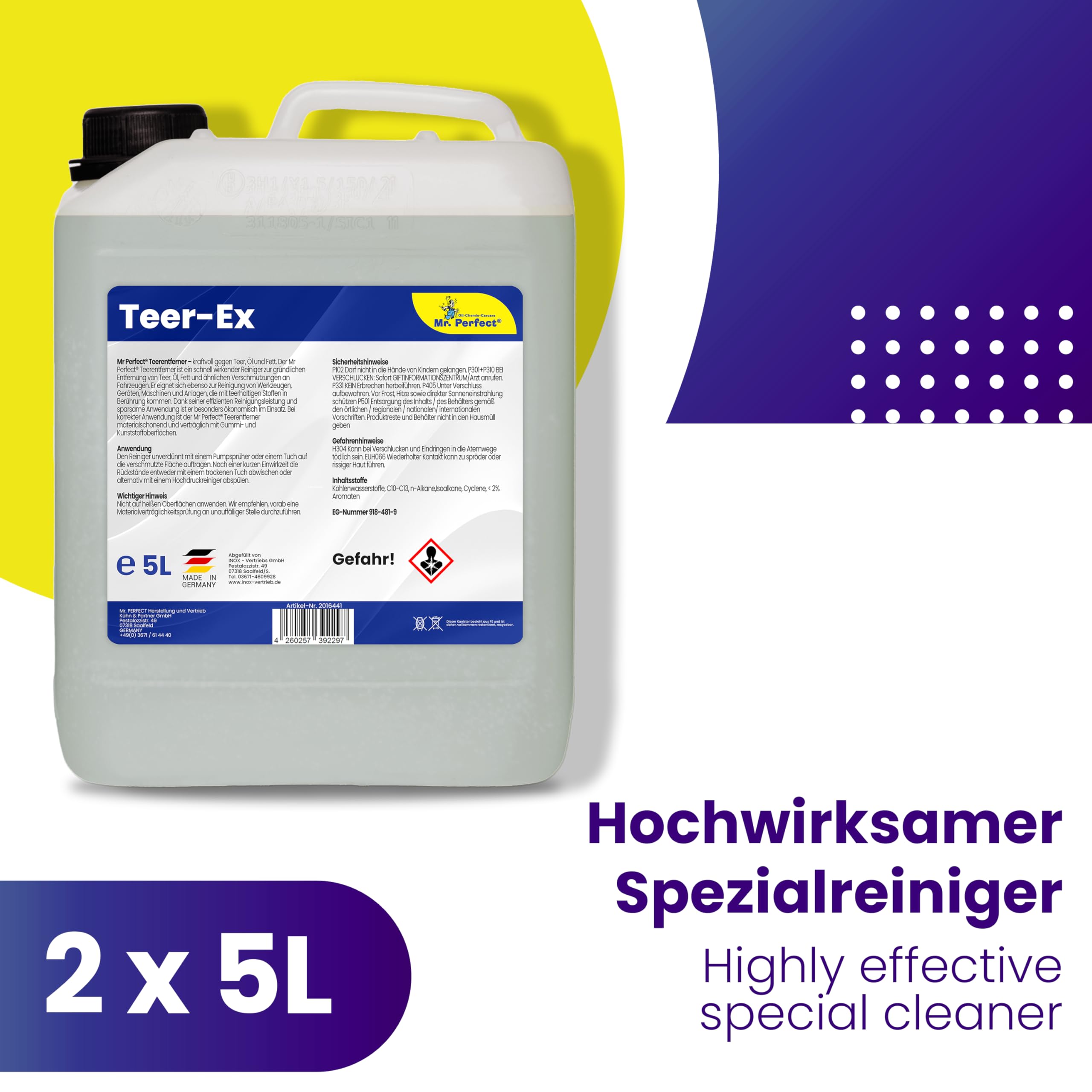 Mr. Perfect® Goudron EX, Dissolvant bitume et goudron pour voiture et outils - 2 x 5 Litres