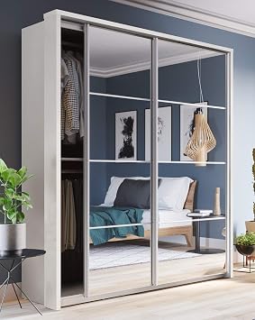 Arthauss Modern Bedroom Mirror Sliding Door Wardrobe Arti 17 in White Matt 180cm - Flat Pack Wardrobe, Elegant Mirrored Furniture with Optimised Storage