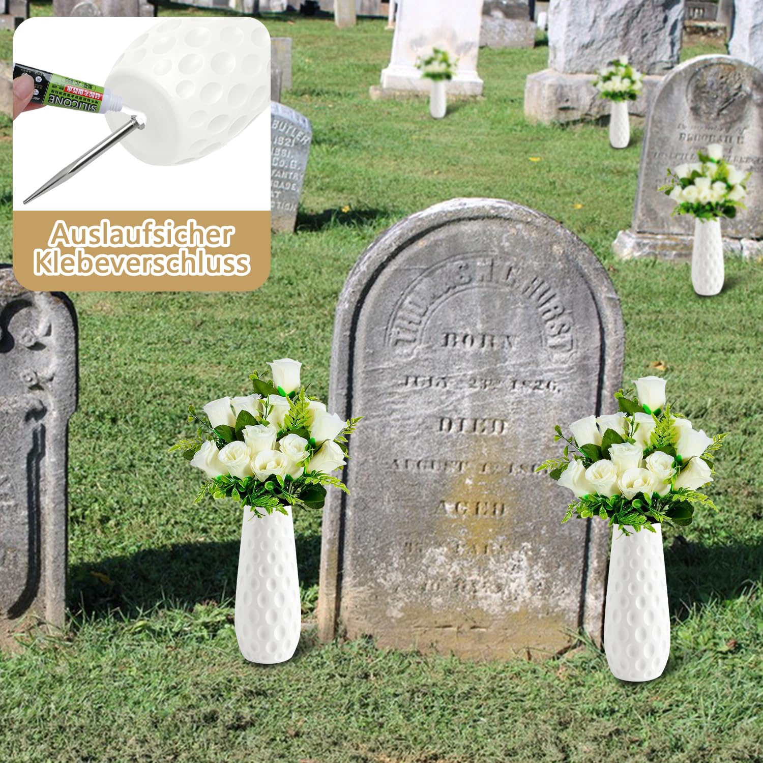 Grabvase mit Erdspieß 2Stk Grabvasen zum Stecken Friedhofsvase Einsatz Grabvase mit Sockel Vaseneinsatz Friedhof Friedhofsvasen Kunststoff Gedenkvasen für Gedenkgeschenke Grabdekoration