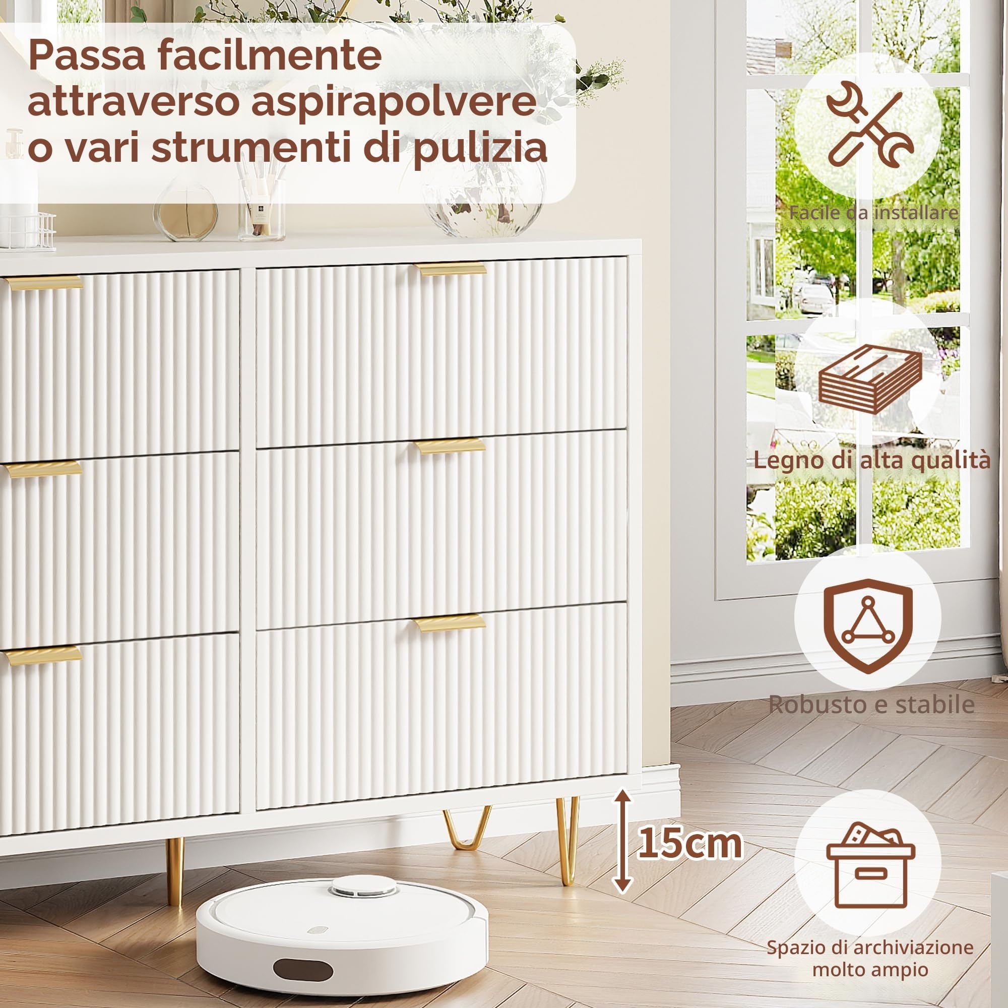 Cassettiera con 6 cassetti, cassettiera per camera da letto bianca, armadio a 6 cassetti, moderno, credenza mobile per soggiorno, camera da letto, sala da pranzo, 100 x 34 x 73 cm (bianca-A)