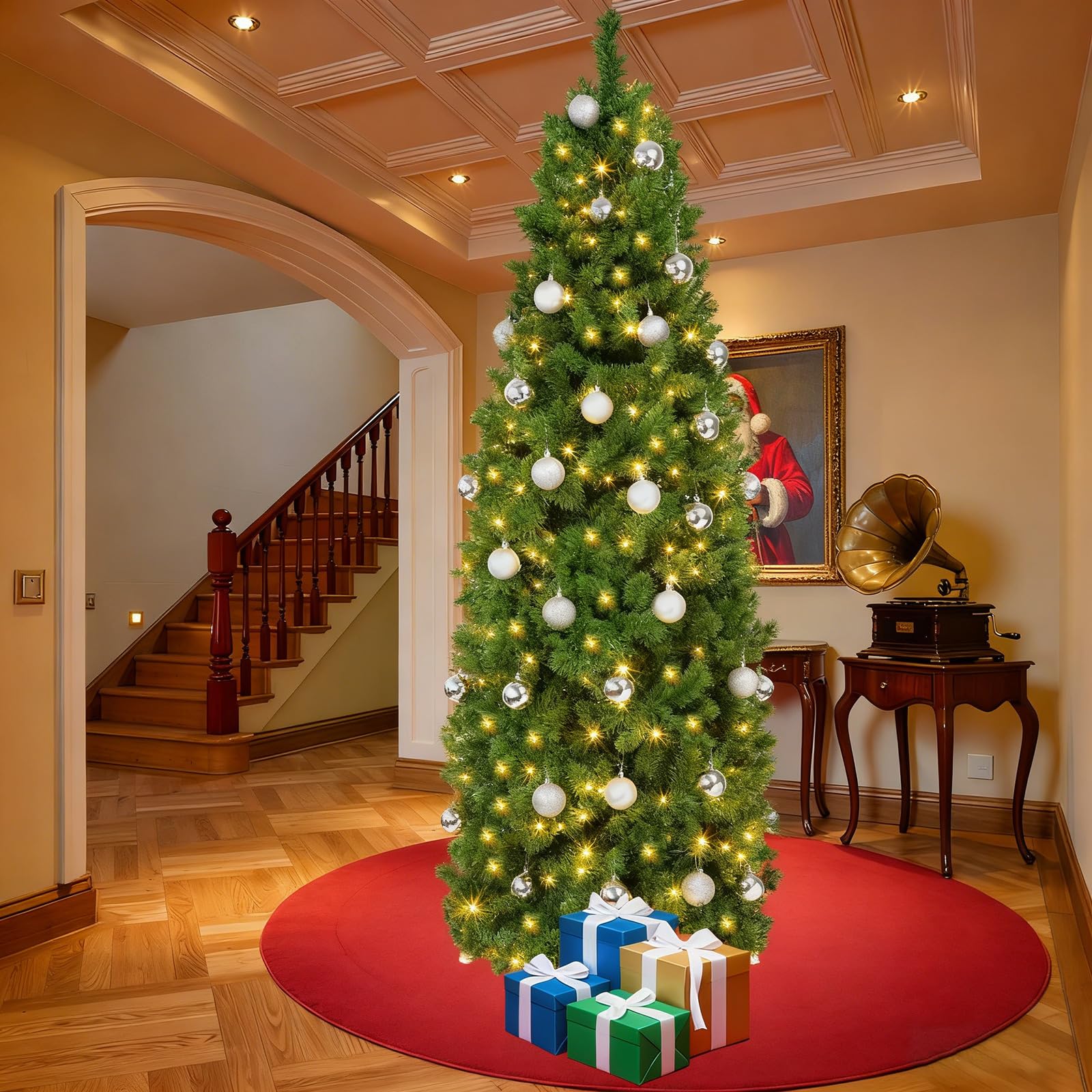 Photo 1 of 31 Pcs 6 Ft Artificial Slim Christmas Tree with 200 LED Warm White String Lights 30 Silver Ball Ornaments Skinny Thin Pencil Tree with Metal Stand for Home Xmas Holiday Party Decoration