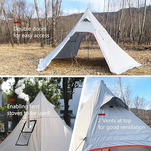 Miniatura 4 de DANWKEIJI Tienda de campaña ligera Tipi con gato de estufa para 4 personas, 5 libras, tienda piramidal portátil de 4 estaciones, tienda tipi para
