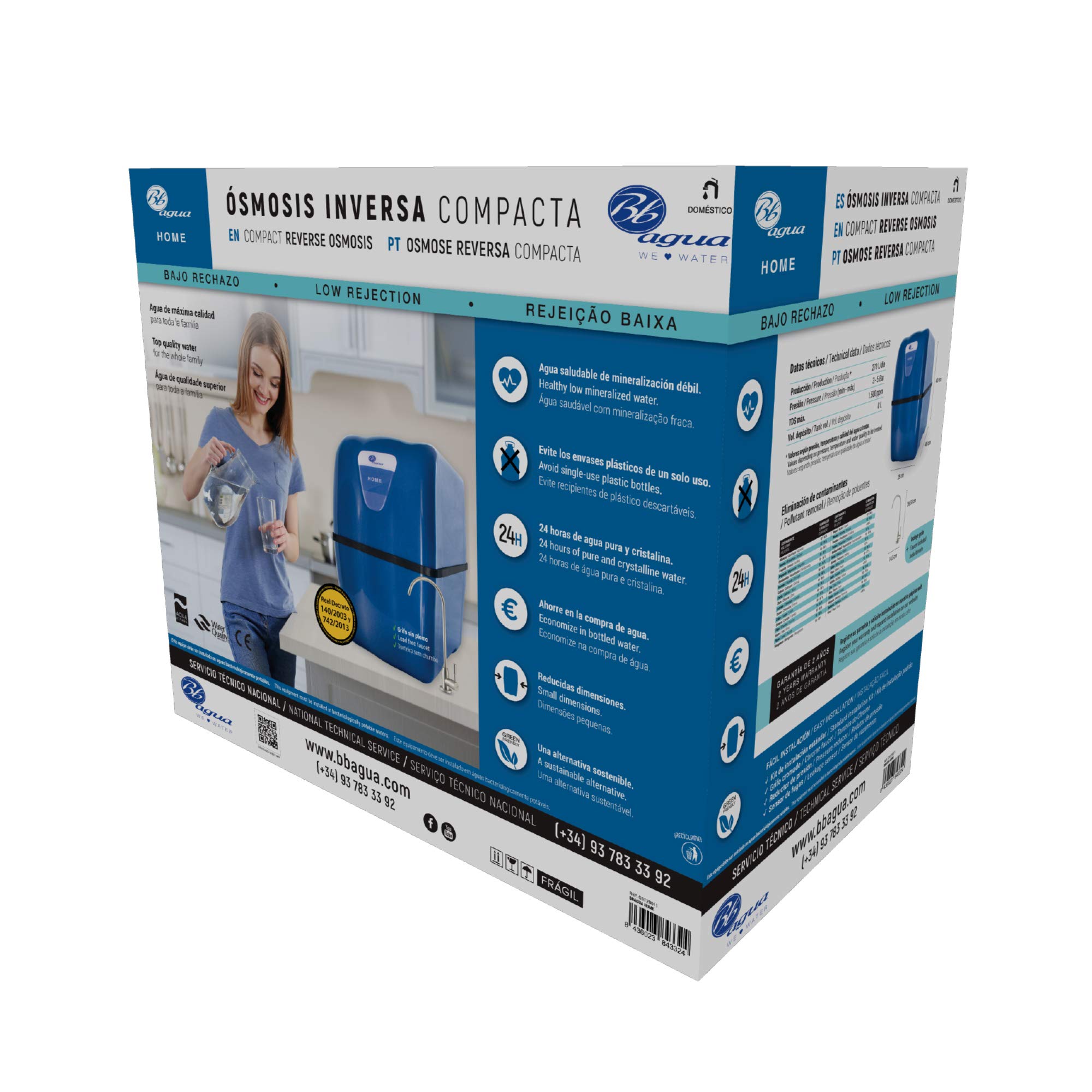 Bbagua Home. Equipo de Osmosis Inversa Compacta de 5 Etapas. Fácil Instalación bajo encimera y cambio de Filtros. Bajo rechazo. Agua saludable de mineralización débil.