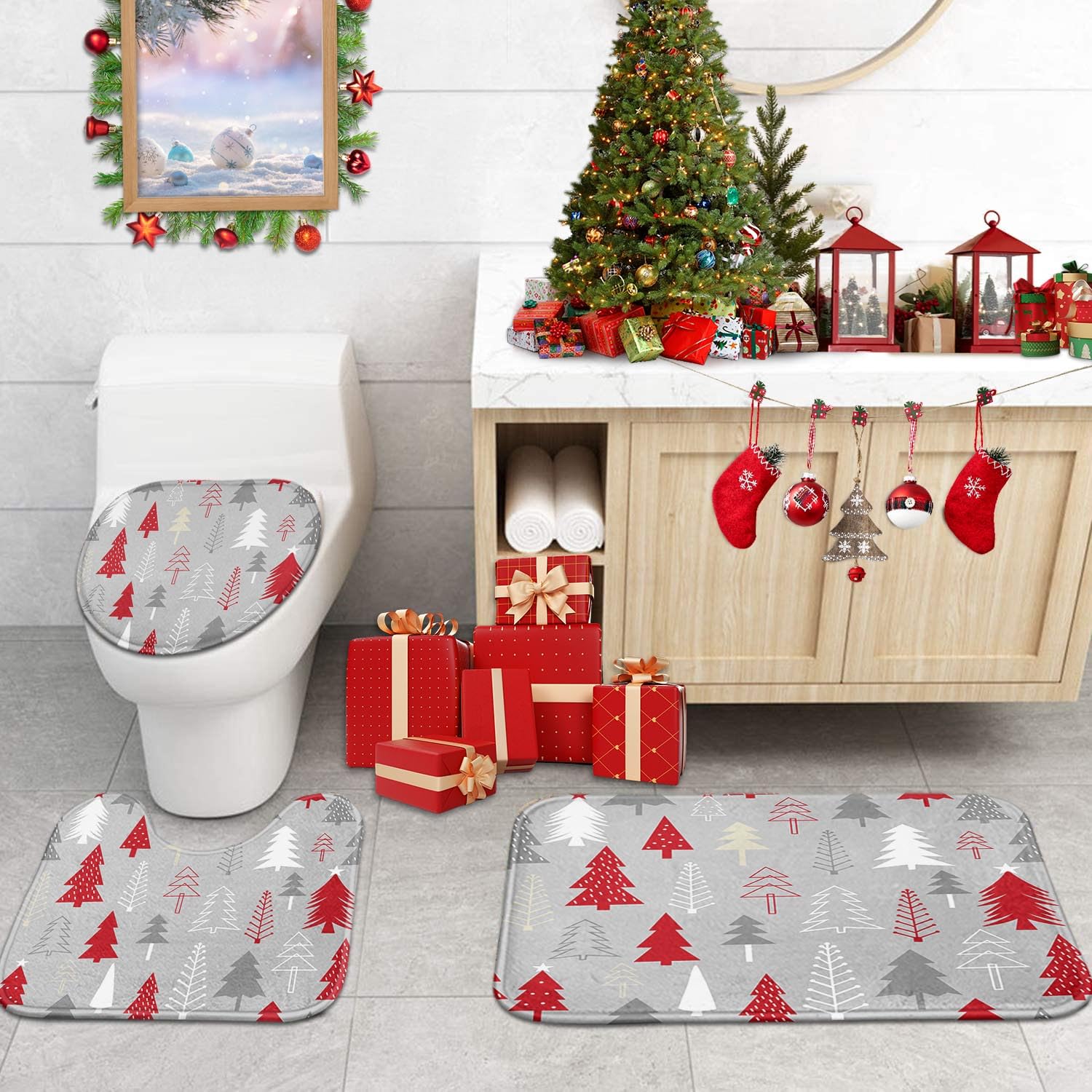 ArtSocket Juego de 3 tapetes de baño de Navidad, antideslizantes, absorbentes de invierno, de espuma viscoelástica, lavables a máquina, con diseño de árbol de Navidad