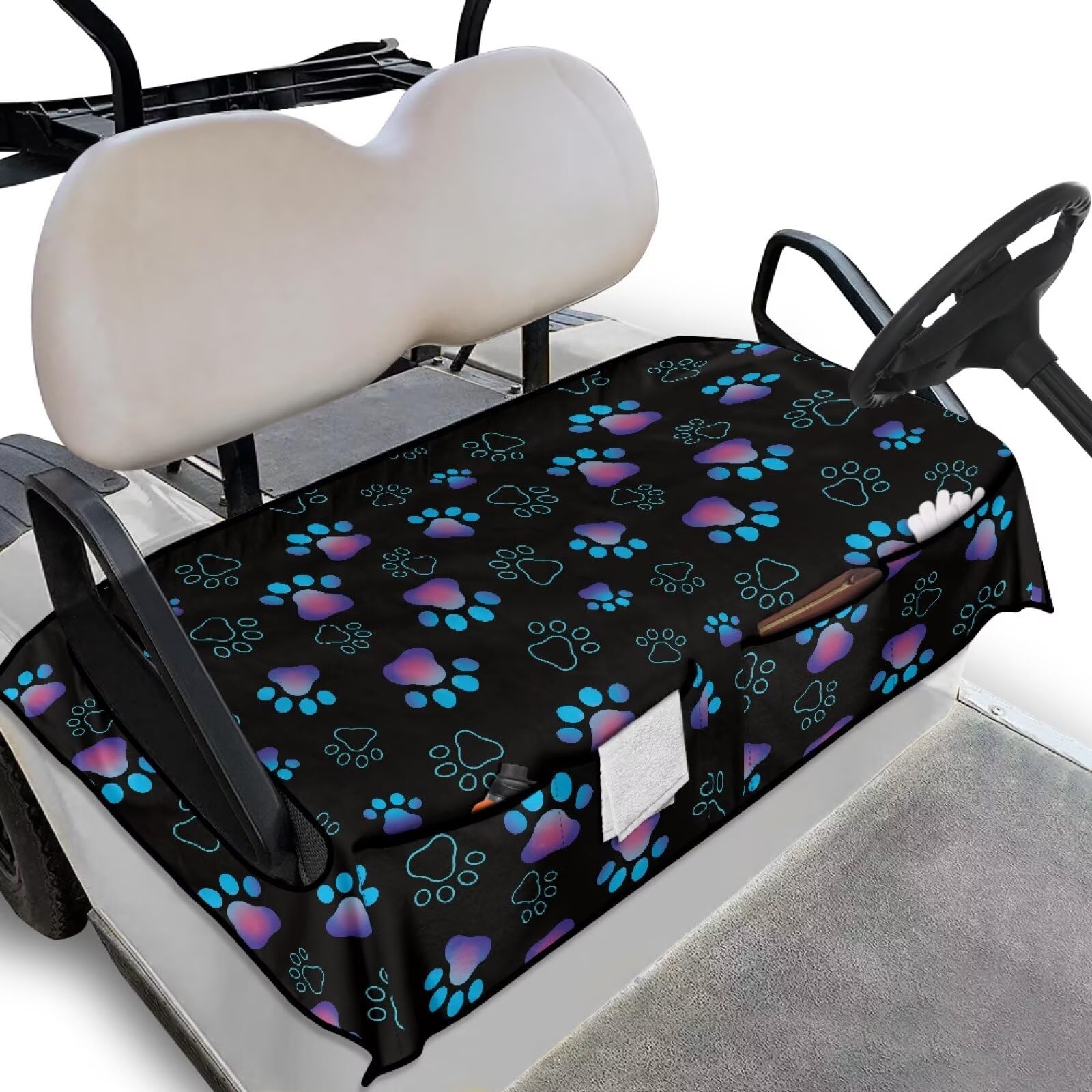Biyejit Paws Golf Buggy Seat Cover with Storage Bags Comfortable Golf Cart Seat Protector EZGO Seat Covers for 2-Person Seats Club Easy Install and Clean