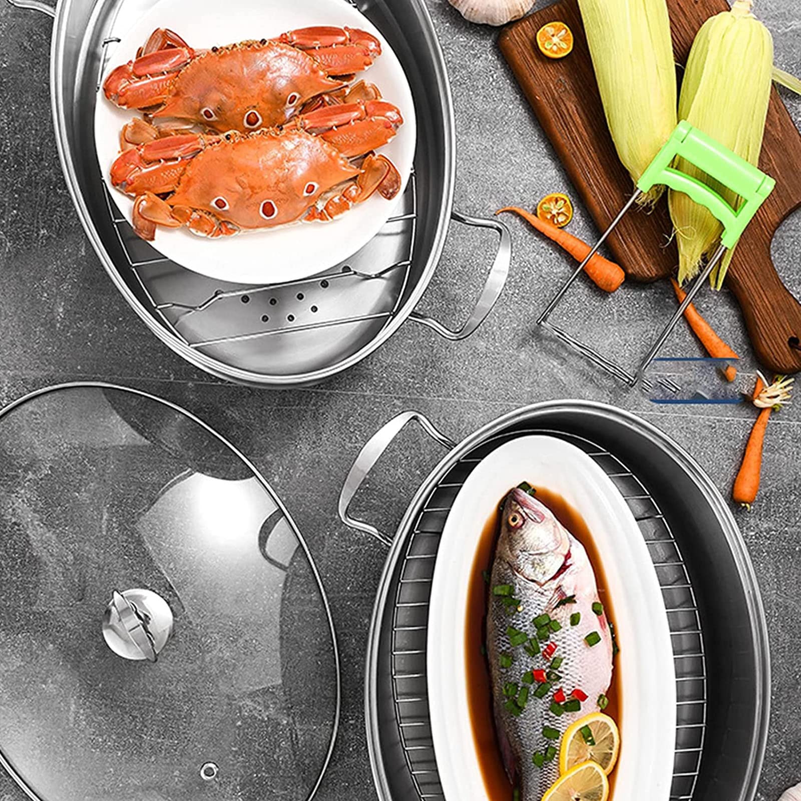 Vaporiera Ovale in Acciaio Inossidabile, pentole ovali Multiuso, pentola per Pasta con Piatto per Pesce e griglia per cuocere a Vapore Pesce, Frutti di Mare, arrostire Tacchino,D,Wok a Doppio