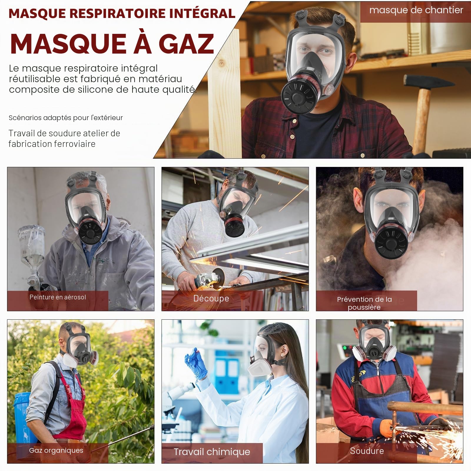 Masque à gaz complet avec filtre à charbon actif de 40 mm et filtres 6001CN, masques à gaz contre la poussière, la peinture, le polissage, la soudure, la vapeur organique, les produits