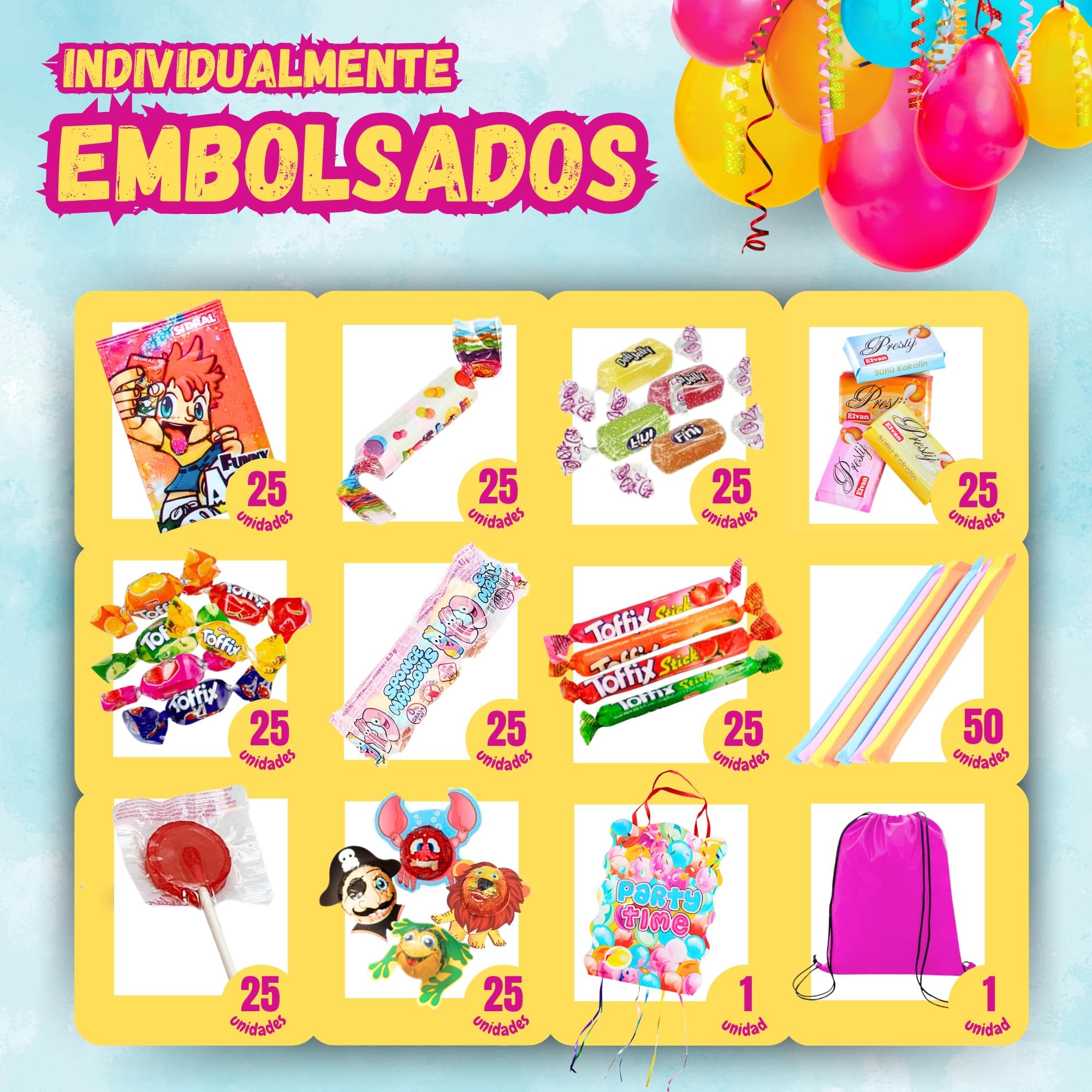 SIDRAL .275 chuches variadas+piñata+mochila para llevar chuches :Cañas y sobres Sidral, chocolate, gominolas, caramelos blandos rellenos gel de frutas - Perfectas para Regalar.