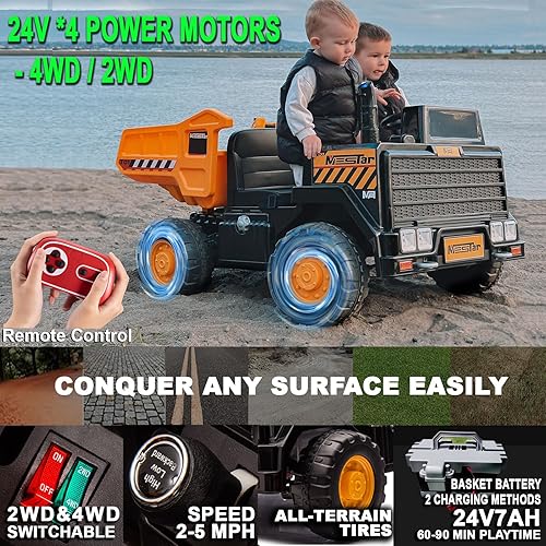 Miniatura 2 de Kidsera Camión volquete de 24 V, auto de 24 pulgadas y 2 plazas para niños con control remoto 4WD2WD hasta 5 mph, juguetes de paseo de 24 V para