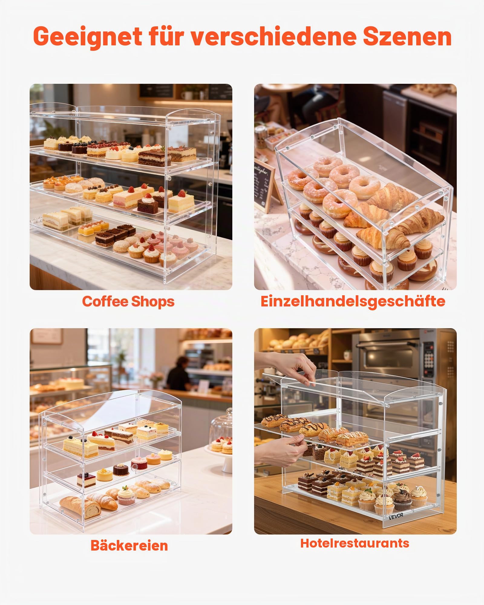 VEVOR Gebäckvitrine 3-stöckig, Gewerbliche Bäckereivitrine aus Transparentem Acryl, Thekenvitrine mit Klapptür & Abnehmbarer Trennwand für Kekse, Desserts und Donuts, 482 x 232 x 380 mm