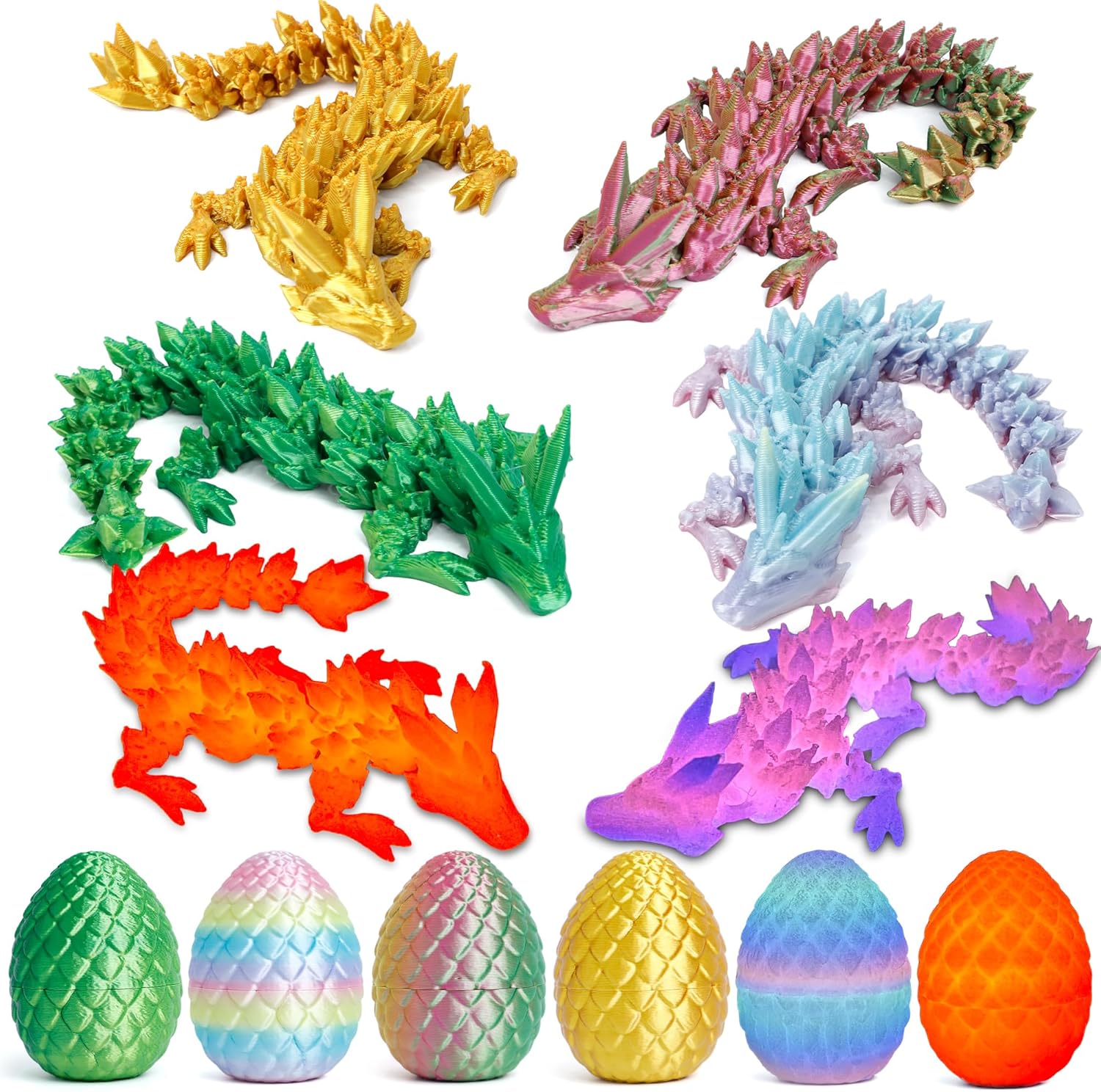 Easter Basket Stuffers - 6PCS 3D Printed Dragon Eggs with Dragon Inside, Mini Easter Egg Articulated Crystal Fidget Toy, Home Office Decor Executive Gift, Surprise 3D Printed Animals Toy Set (Set B)