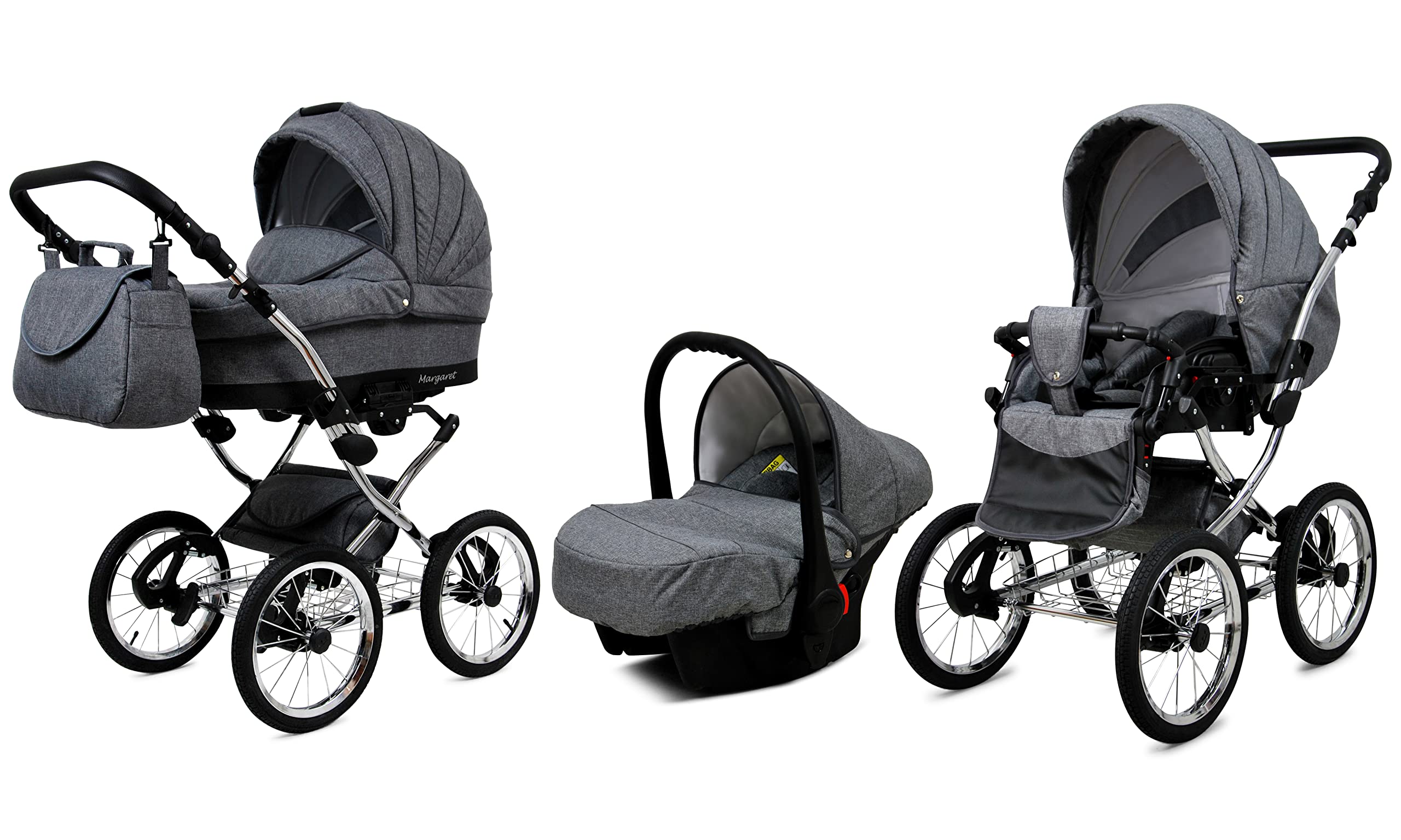 BabyLux Margaret Exclusive 3 w 1 System Podróżny dla Dziecka Retro| Wóżek + Spacerówka + Fotel Samochodowy z Akcesoriami, Folia Przeciwdeszczowa, Koła 14" Pompowane | Szary Elasty