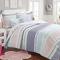 Vista 15 de Cozy Line Home Fashions Queen - Juego de edredón reversible de 7 piezas con bonito bordado de búho rosa, azul y verde, 100% algodón, colcha