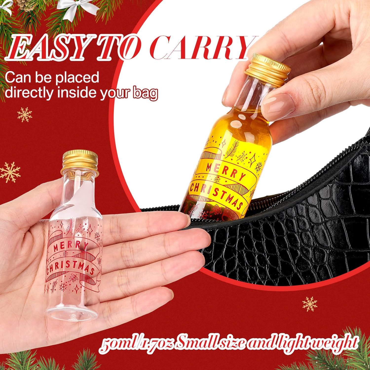 Potchen 50 Set Mini Liquor Bottles Christmas Party Favors for Guests Xmas Mini Plastic Bottle 1.8oz/50ml Shot Bottles with Gold Screw Caps Funnels Xmas Tags and Ropes for Christmas Party Decorations