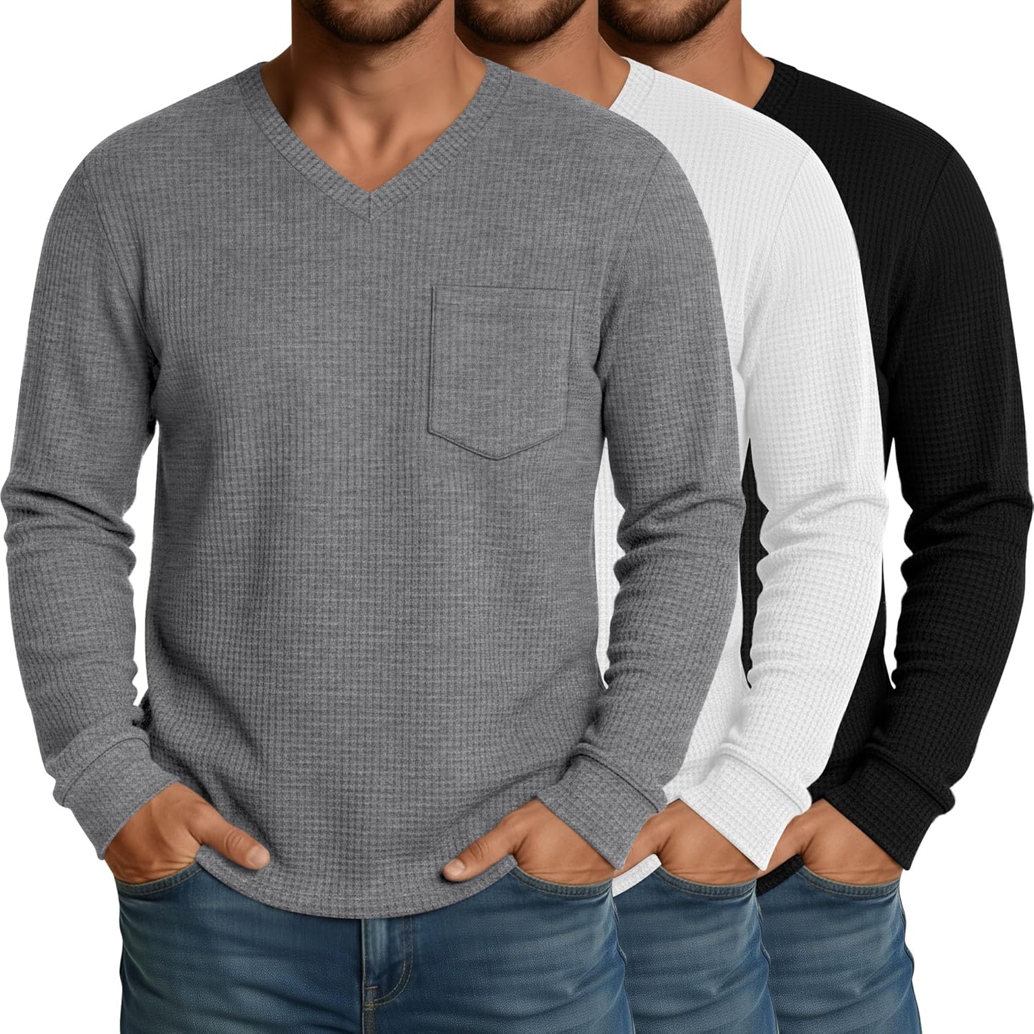 Neer 3 Pack Mens Big and Tall Waffle Shirts Long Sleeve V Neck Pullover Underwear Tops Basic Undershirts with Pocket