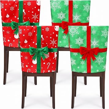 Kingdder 4 Pack Christmas Chair Covers Chair Back Covers for Dining Chairs Removable Washable Stretch Christmas Chair Covers with Bowknot for Christmas Home, Kitchen, Dining Room Chair Decoration