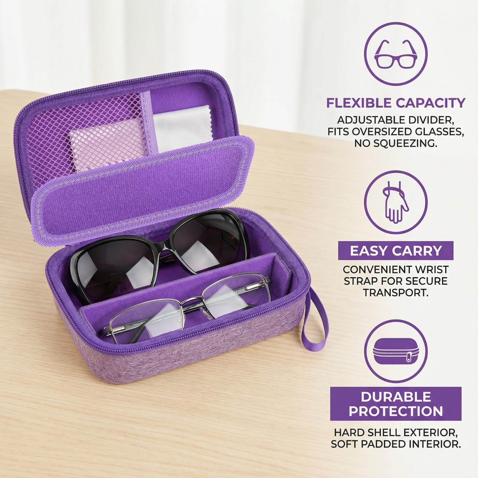 GWCASE Organizer per occhiali da viaggio e custodia per lenti a contatto, slot regolabili, specchio integrato, pinzette, bottiglia per soluzione e cinturino da polso, universale, adatto per ciglia