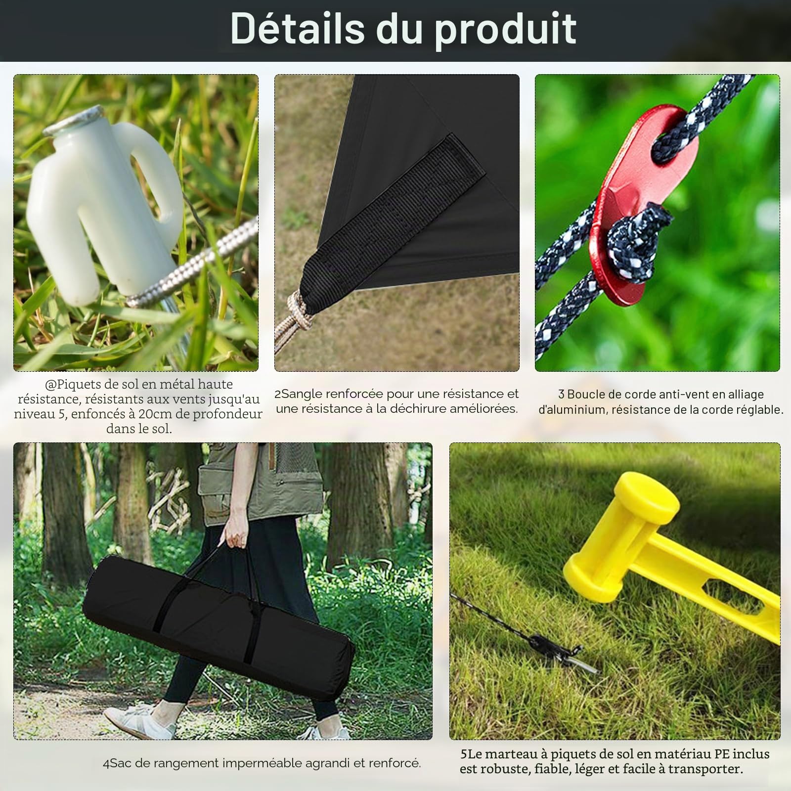 Kit de Auvent Voiture Rétractable, 200x300cm, avec 2 Poteaux, 8 Câbles de Haubanage, 8 Sardines, 2 Ventouses, Sac de Rangement et Sac de Transport, UPF50+, PU3000+, pour Aventures (Noir)
