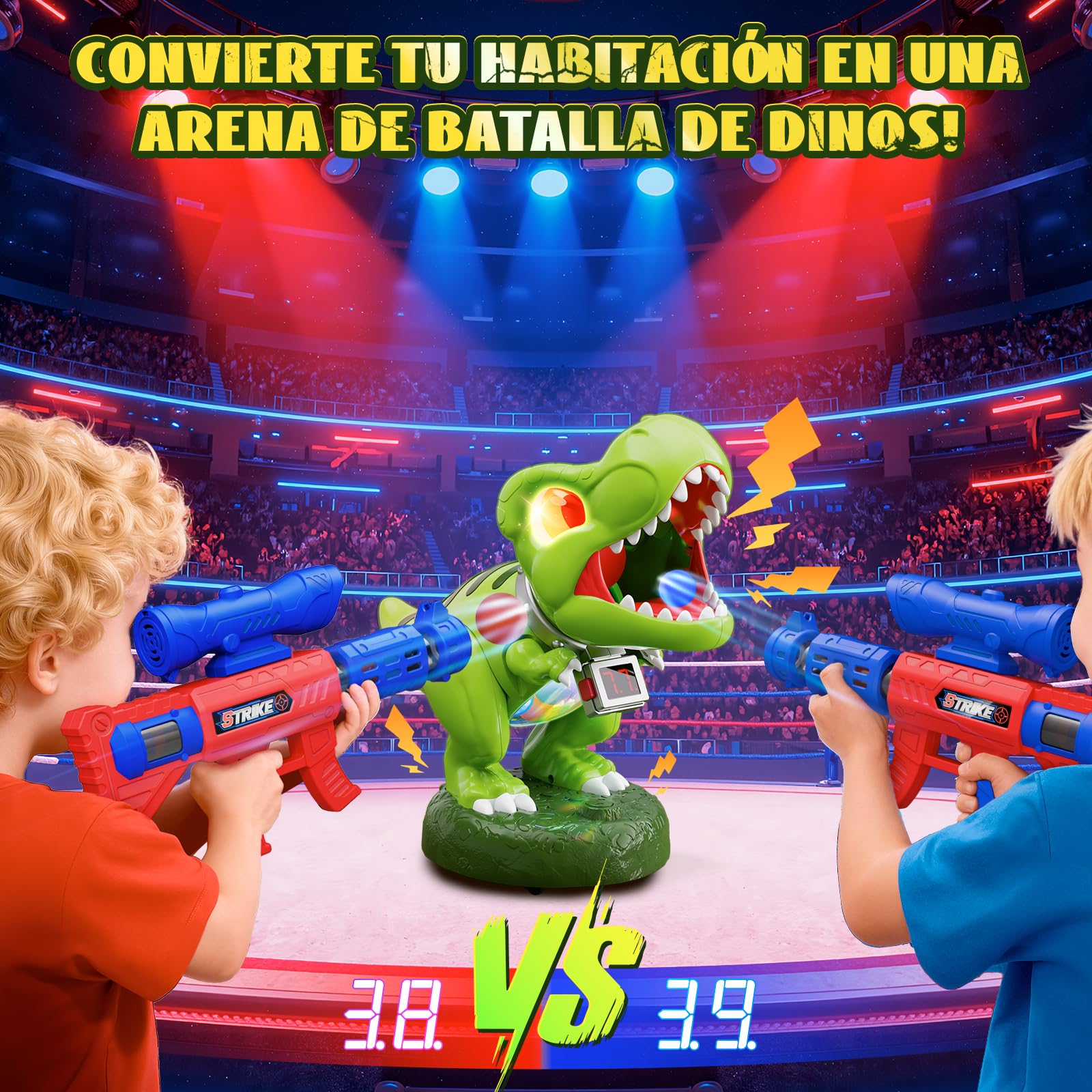 Dinosaurio Movimiento Juguetes de Tiro, Juegos Niños 3-10 Años, 2 Pistolas de Bomba de Aire con Scope, Bola, Rugido, Brillo Abdominal Ojos, LED Contador, Cumpleaños Regalo Niños 3 4 5 6 7 8 9 10 Años
