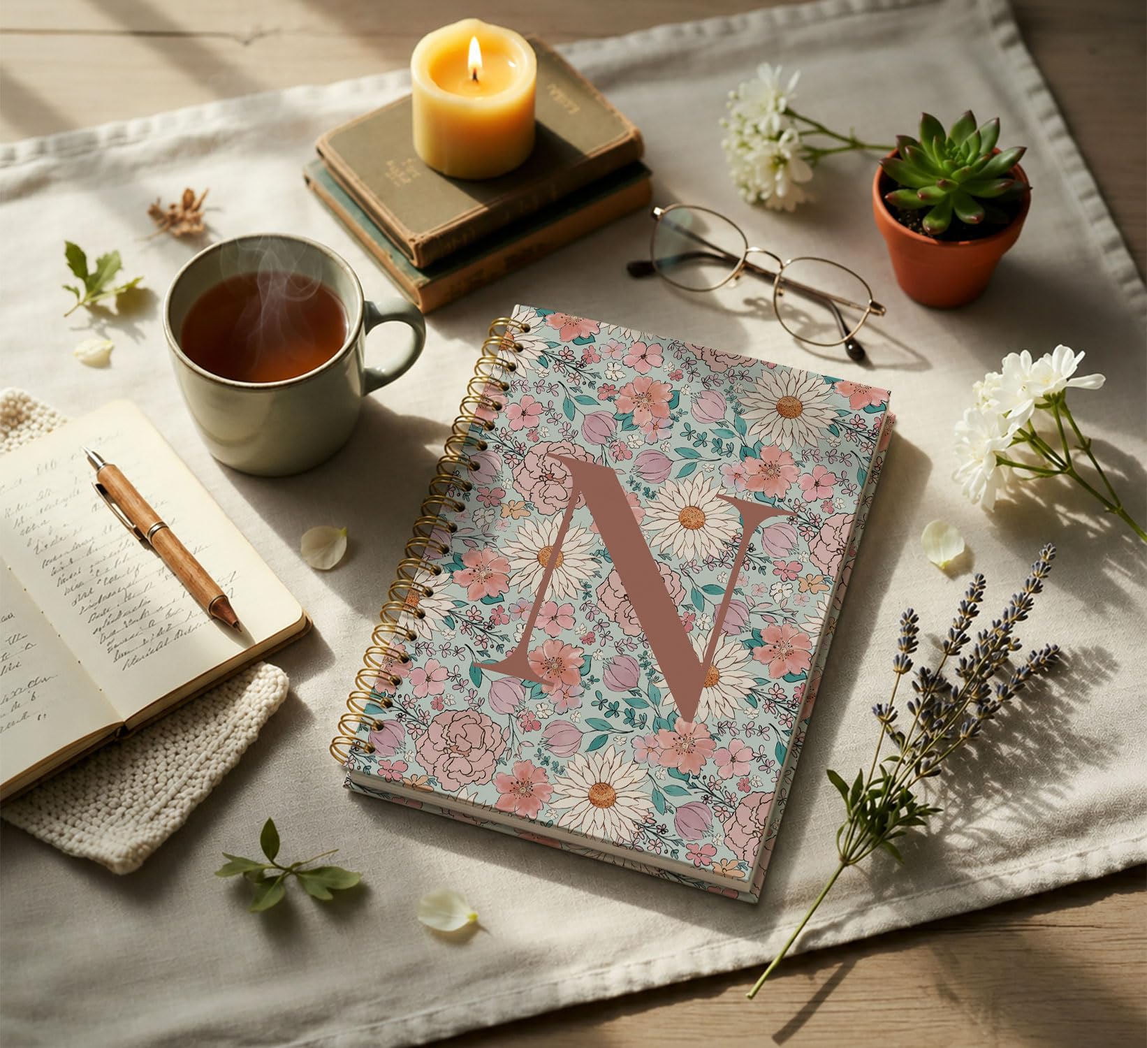 KDHTY Initial N Journal - Cuaderno personalizado en espiral, regalo de flores vintage, cuaderno monogramado para mujeres, adolescentes, niñas, cuaderno de espiral de tapa dura con rayas