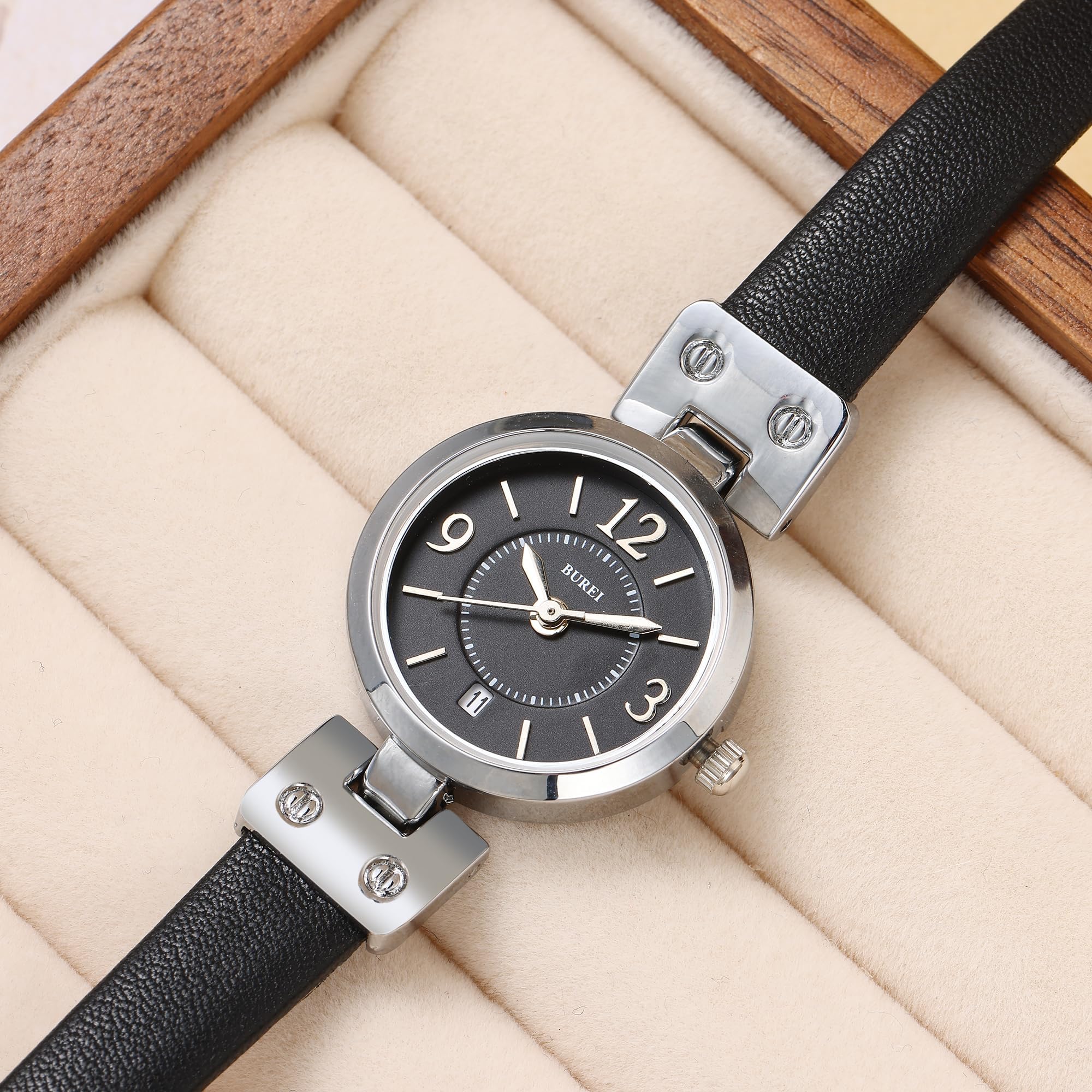 BUREI Orologio al quarzo da donna, 25 mm, quadrante piccolo ed elegante con cinturino in pelle, minimalista, leggero, casual, regalo per la festa della mamma, nero-argento-nero-argento, Casual Nicchia