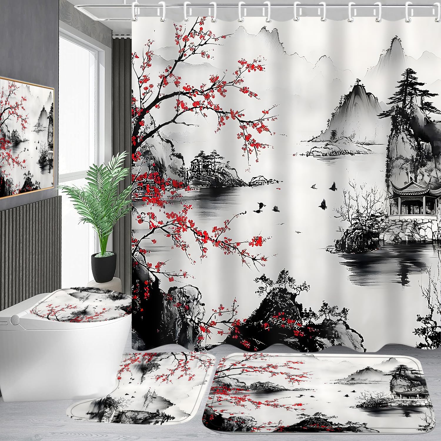 Ensemble de rideau de douche 4 pièces avec rideau de douche et tapis, rideau de bain de style japonais avec crochets pour décoration d'intérieur