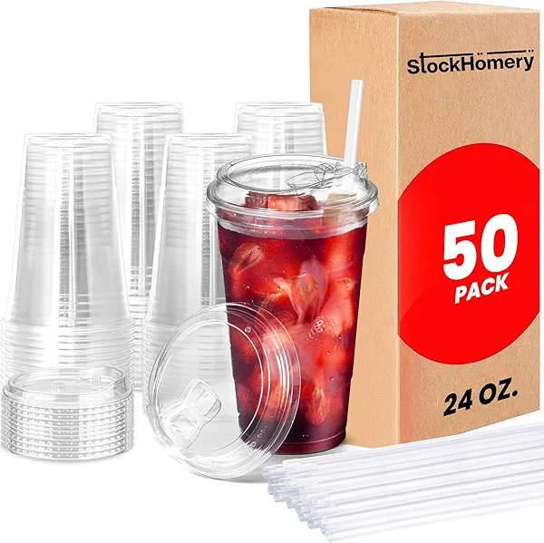 StockHomery 24oz Clear Plastic Cups With Lids & Straws Thick, Reusable, Disposable Iced Coffee Cups for Smoothies, Beer & Any Beverages for Parties, Weddings & Gatherings (50 Sets)