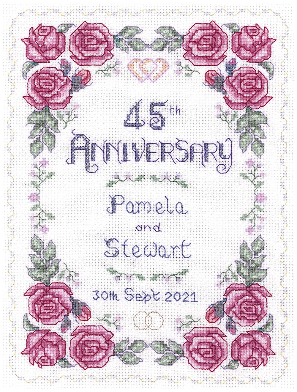 Lifetime Samplers & Decorative Textiles Roses Sapphire Wedding Anniversary Sampler for 45 Years of Marriage - Complete Cross Stitch kit on 14 aida with Clear Colour Chart