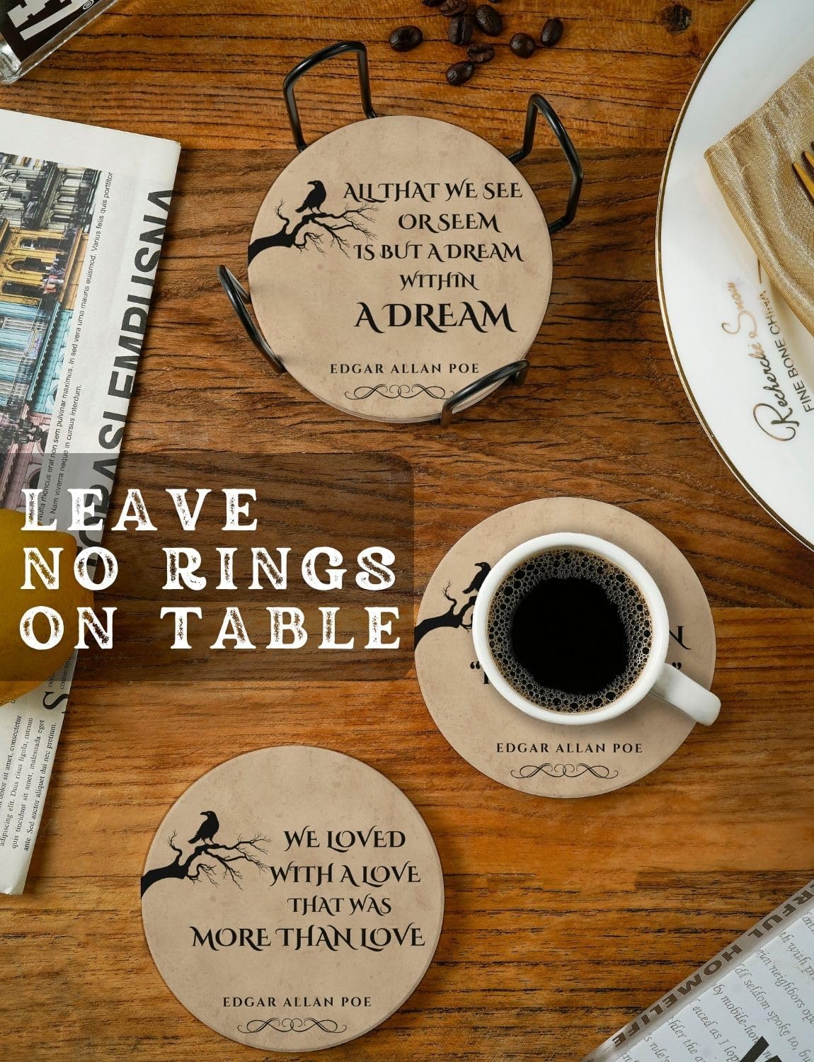 Amazon.com: Onebttl Edgar Allan Poe 禮物杯墊,陶瓷,6  件組,附禮盒,附軟木底座吸水,適合書愛好者的禮物,適合喬遷、感恩節、生日、聖誕節的居家裝飾:
