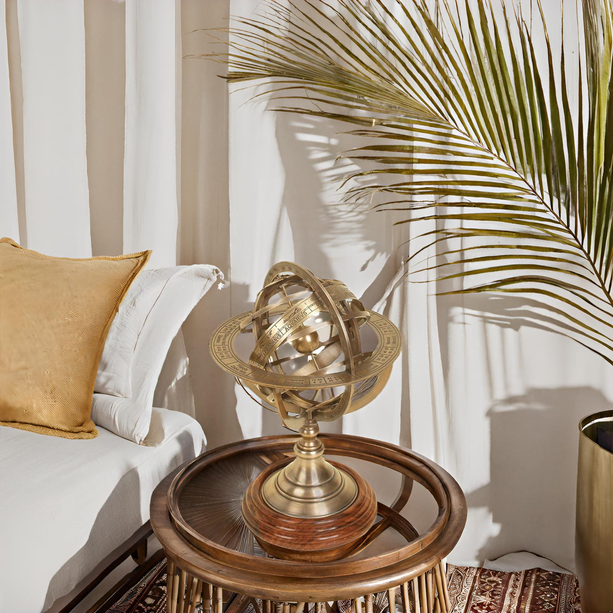 Antique Vintage Zodiac Armillary Decorative Globe with Wooden Base - 5 Inch Brass Sphere World Globe Zodiac Engraved Celestial, Antique Ship Decor