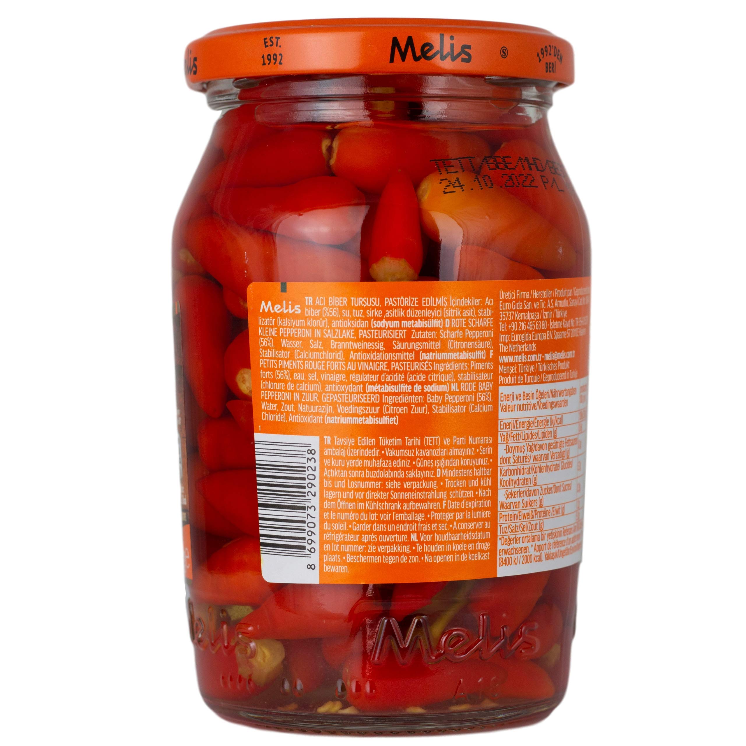 Melis - Kleine scharfe rote Peperoni eingelegt in Salz - Branntweinessiglake (scharf) - Türkische Delikatesse im 4er Set á 335 g Glas