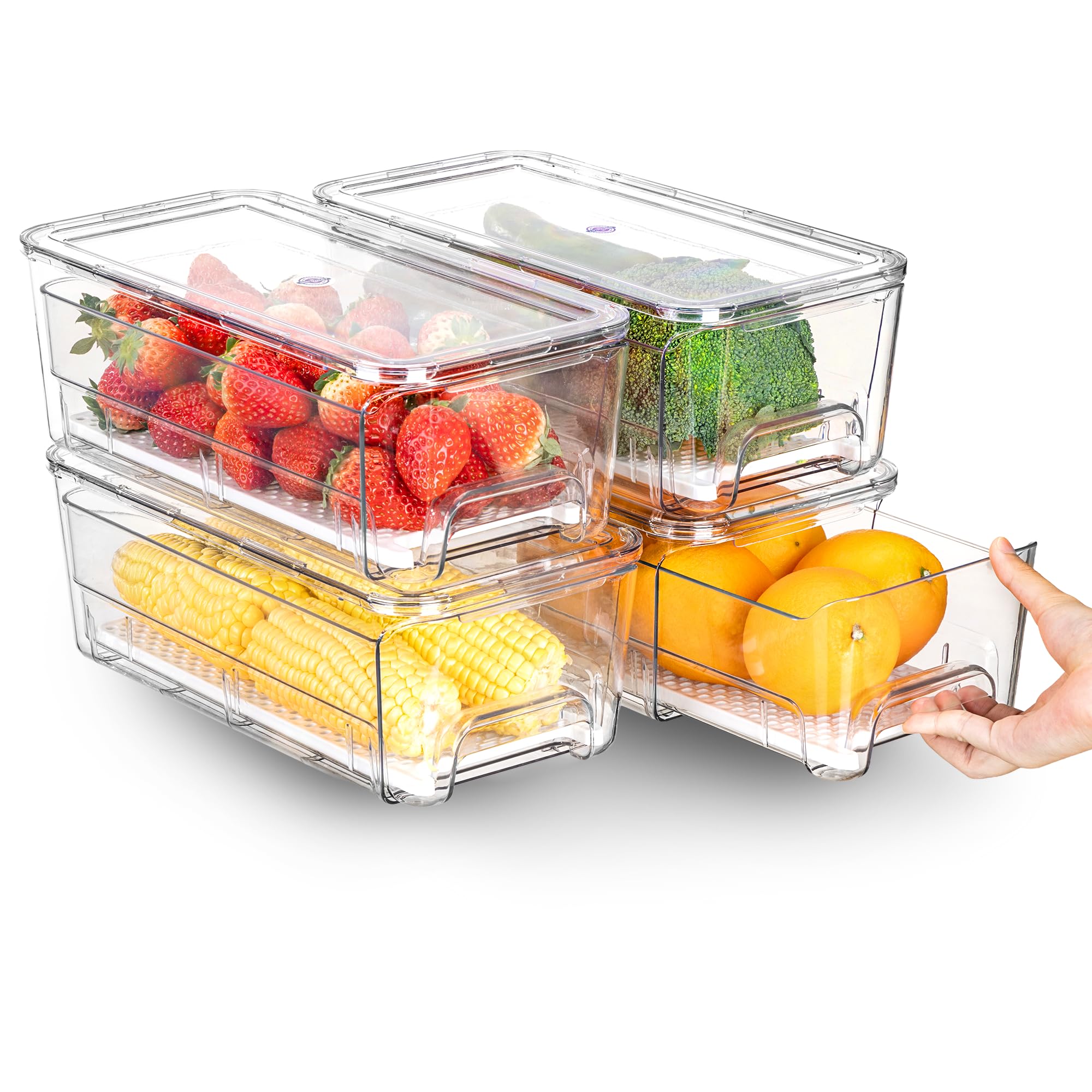 Confezione da 4 organizzatori impilabili per frigorifero, contenitori estraibili per frigorifero, con coperchio, grandi organizer trasparenti per cassetti del frigorifero, congelatore, cucina