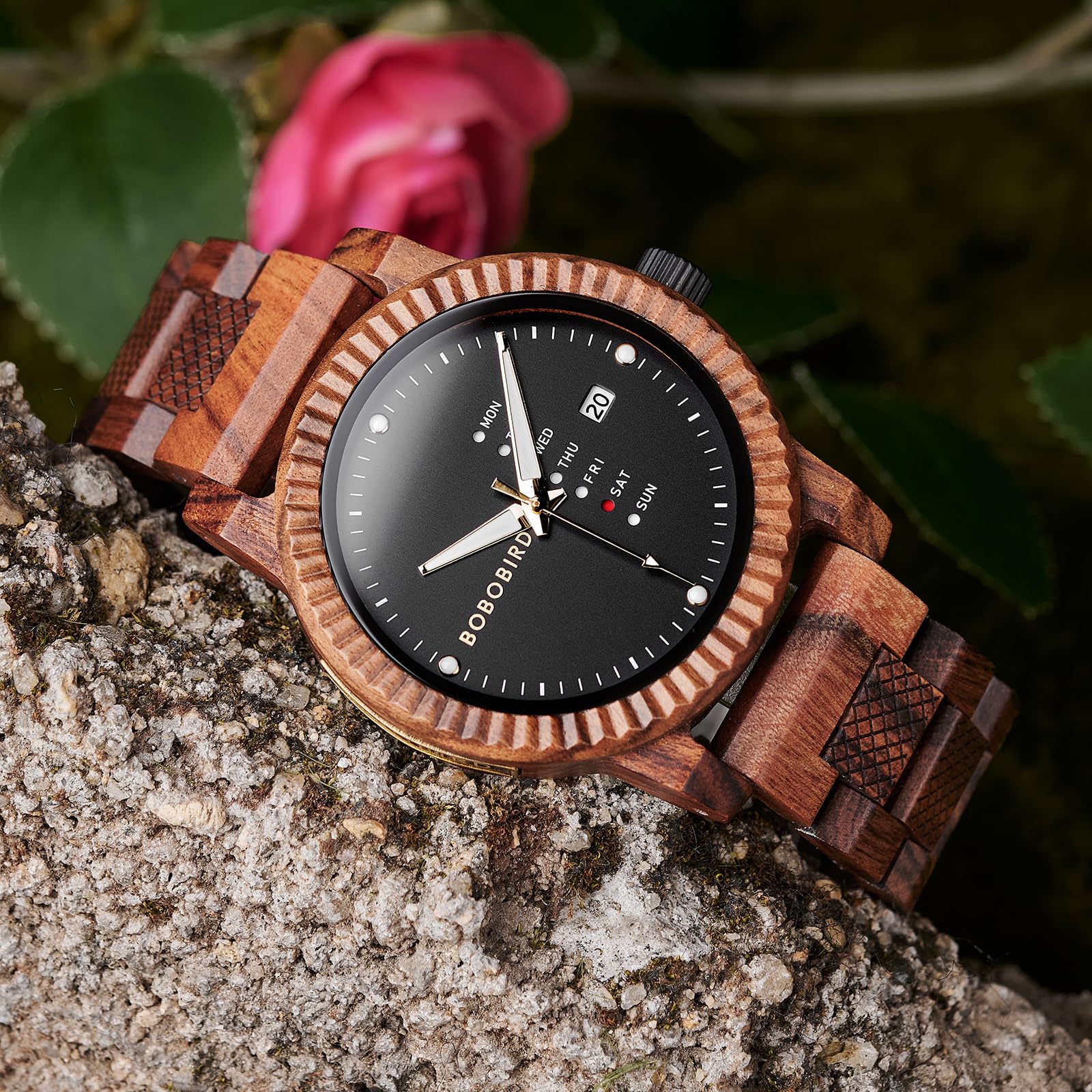 BOBO BIRD Orologio analogico al quarzo da uomo, in legno, con visualizzazione settimanale, leggero, fatto a mano, orologio da polso per uomo