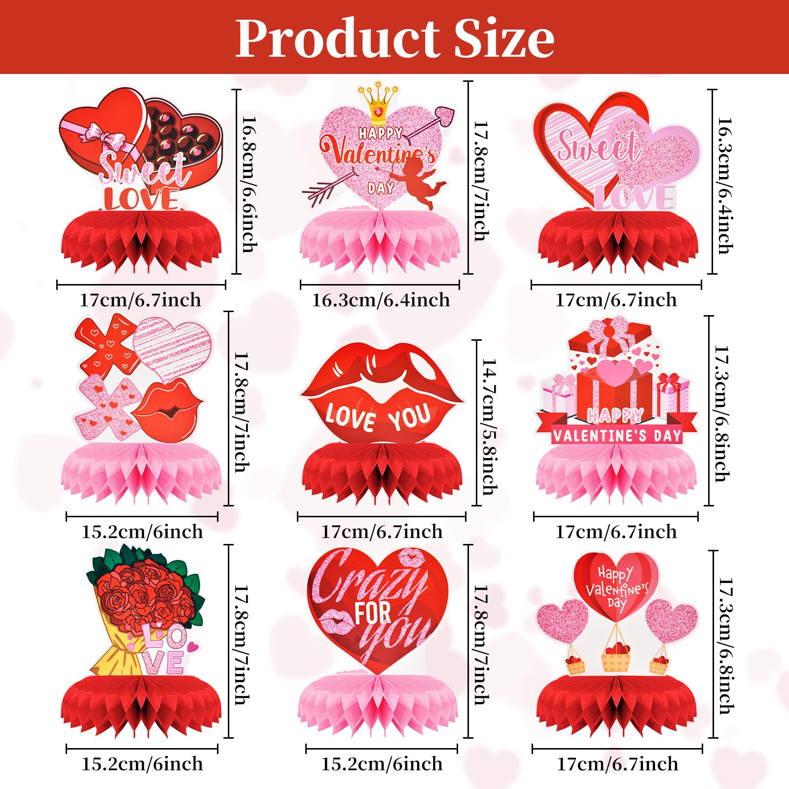 9 Pcs Valentine's Day Honeycomb Centerpieces - Romantic Red & Pink Table Topper Decorations, Assorted Love-Themed Ornaments Signs, Heart & Kiss XOXO Designs for Sweetheart, Wedding Party Supplies