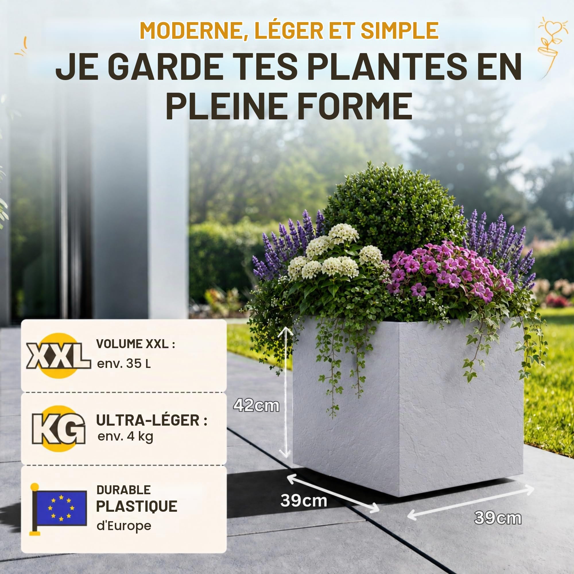Ondis24 Pot de fleurs avec réservoir d'eau Vulkan 40, résistant à l'hiver (Gris clair)