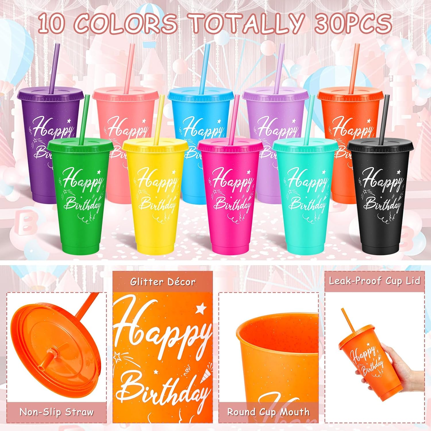 Uiifan 30 Pcs Birthday Cups Bulk with Lids and Straws, Colorful Reusable Tumblers for Party Favors Return Gifts, Birthday Goodie Bag Stuffers - Image 3