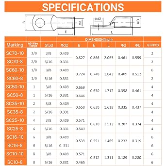 Kuject 120PCS Battery Cable Ends AWG 1 2 4 6 8 1/0 2/0 Gauge, 60PCS Heavy Duty Copper Wire Lugs Kit, Battery Cable Terminal Connectors Assortment with 60PCS 3:1 Heat Shrink Tubing