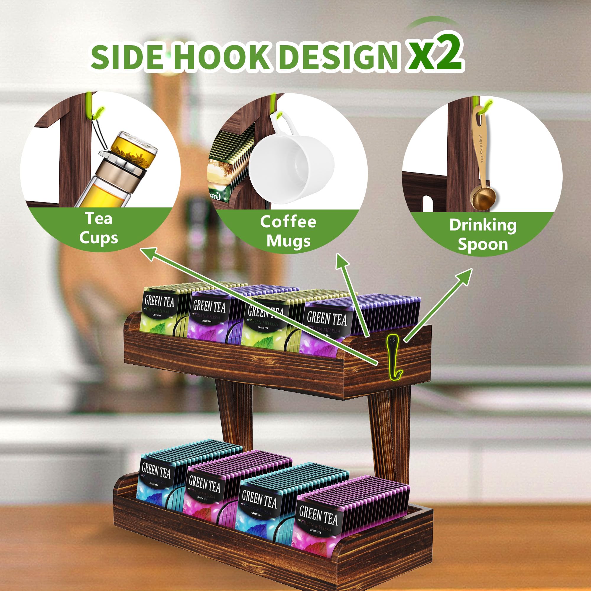 2 Niveles Organizador de Bolsa de Té para El Mostrador, Soporte de Teabag de Madera con Tabiques Ajustables y 2 Ganchos, Organizador de Bolsa de Té de Almacenamiento para La Oficina, Cocina (2 Tire)