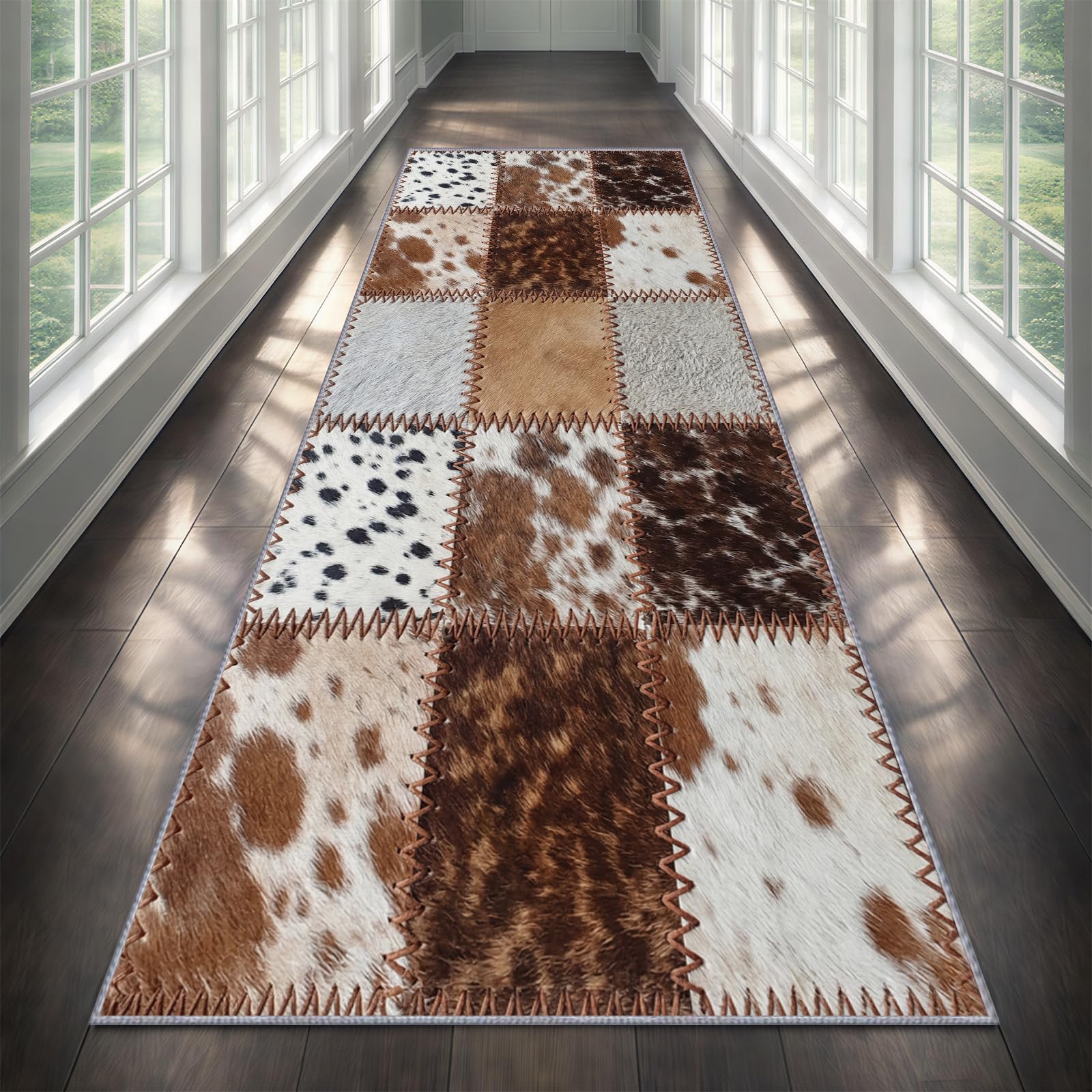 Rindsleder Läufer Teppich 60x200cm, Rustikale Western Teppich Schlafzimmer, Patchwork-Kuhfellmuster Flurteppich, Weich Komfort Geräuschreduzierung Teppichläufer für Küche Wäsche