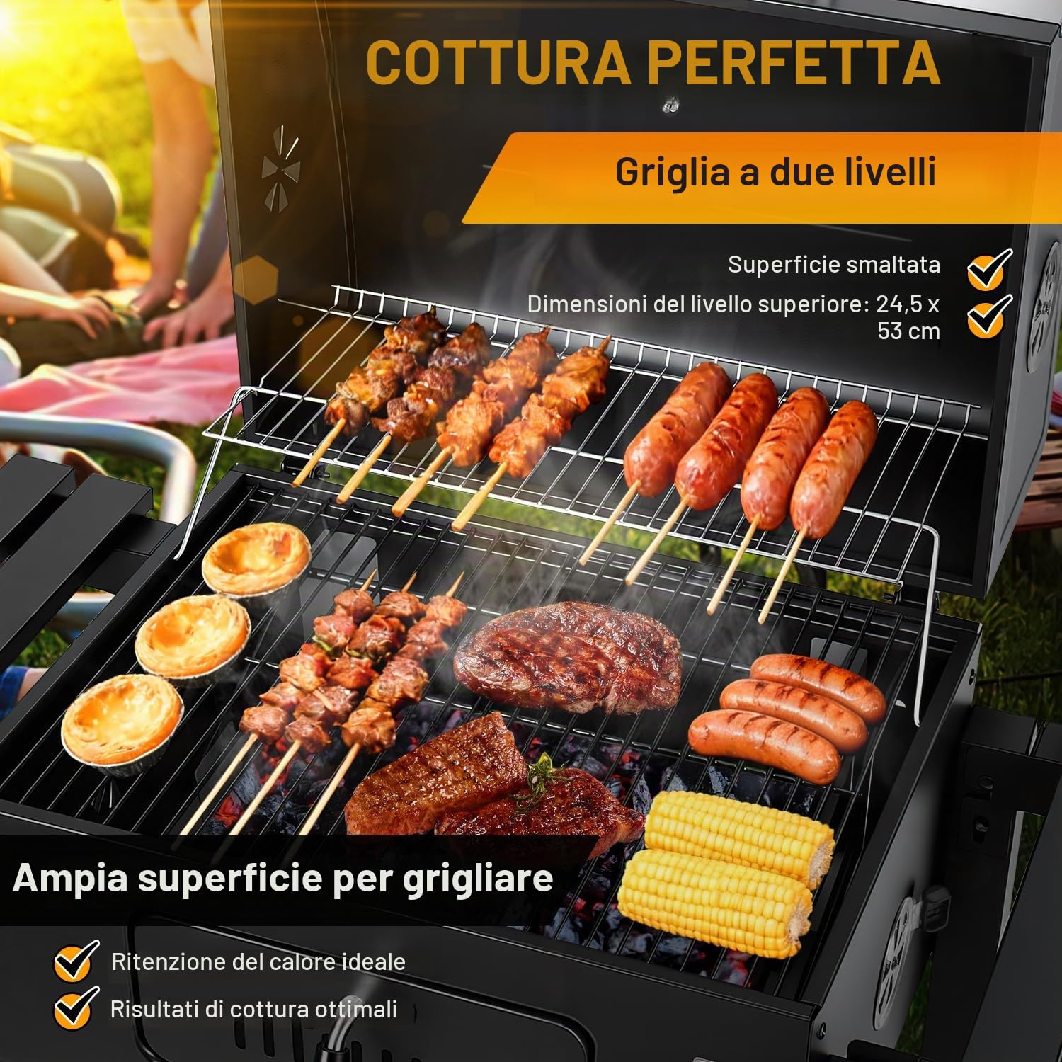 Barbecue a carbonella BBQ XXL Smoker con coperchio, ciotola carbone regolabile, carrello, forno affumicatura, manico in acciaio inox, termometro