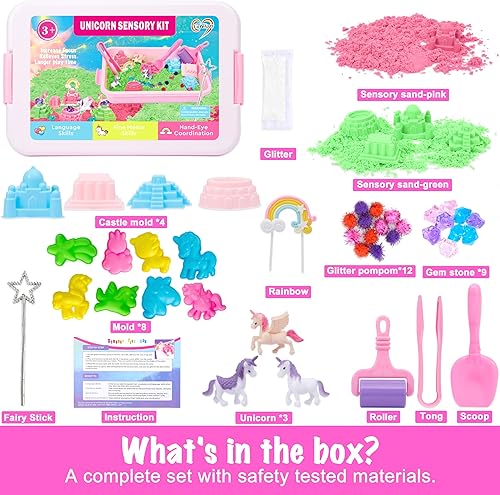 Miniatura 3 de Cubo sensorial de unicornio, juguete de unicornio para niños, moldes de castillo, kit de arte de arena para niños y niñas, arena sensorial para