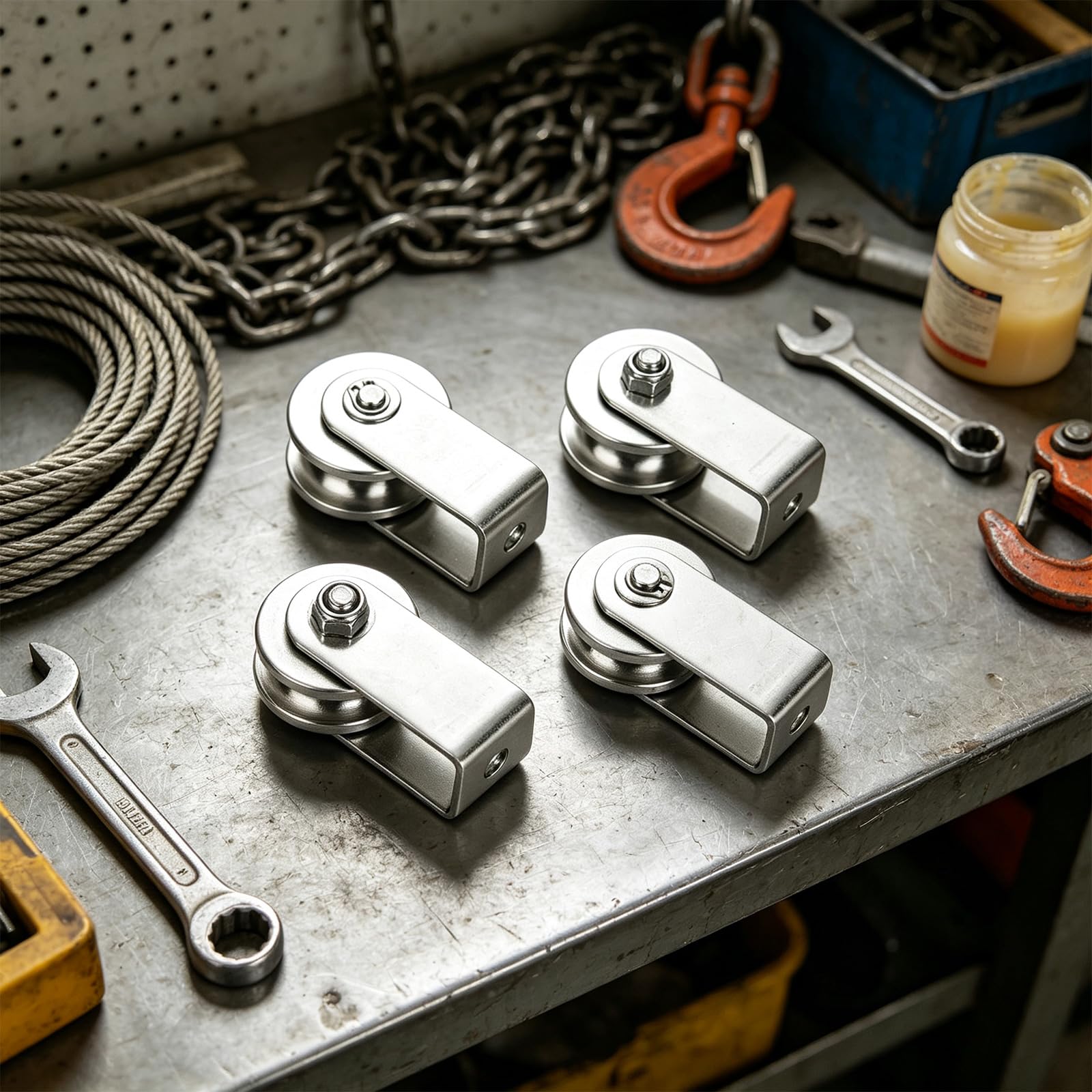 Puleggia guida a U Set 4 ruote in acciaio inossidabile, hardware supportato da cuscinetti per percorso della corda in spazi ristretti Ruota guida della puleggia della corda Puleggia servizio